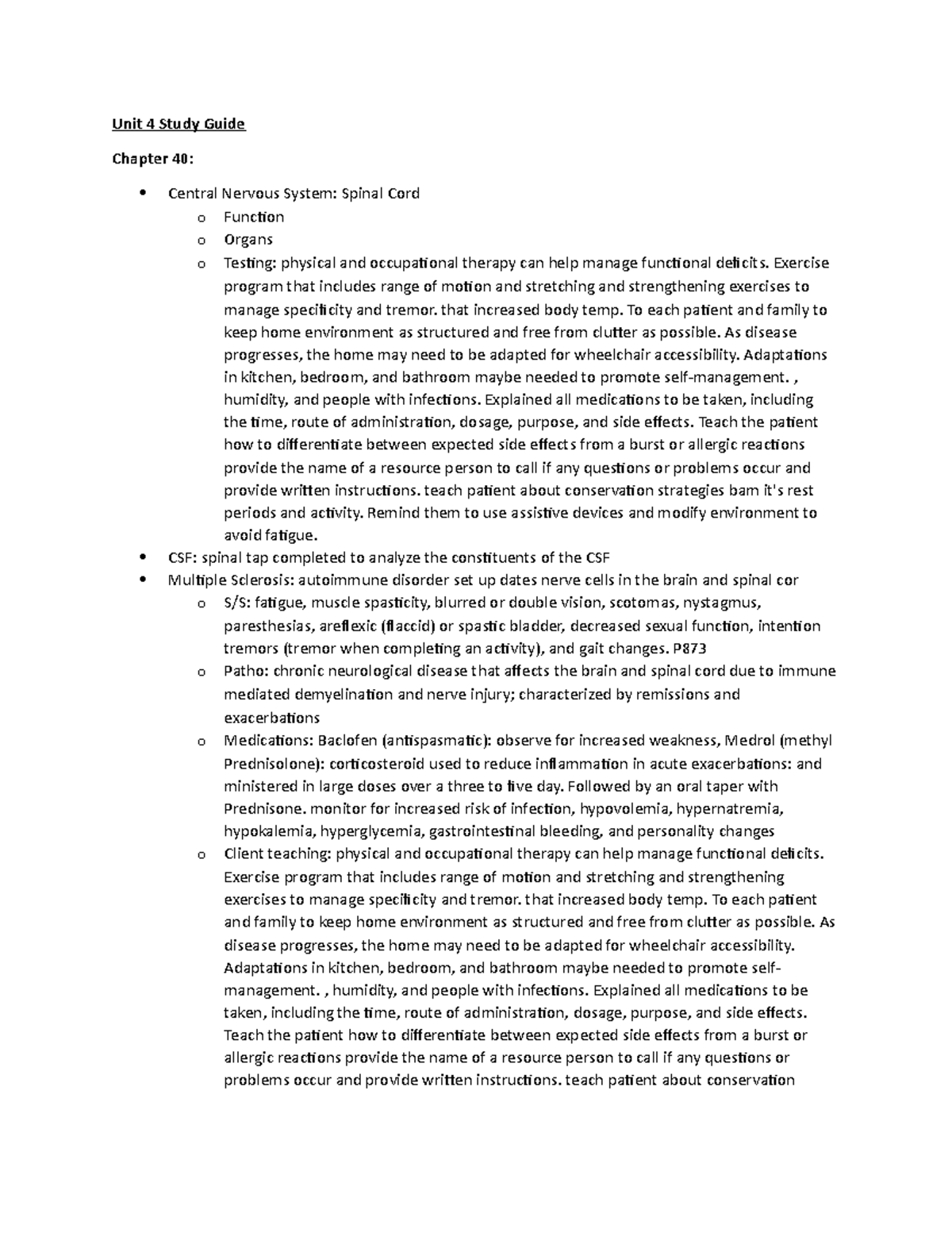 Unit 4 Study Guide - Unit 4 Study Guide Chapter 40: Central Nervous ...