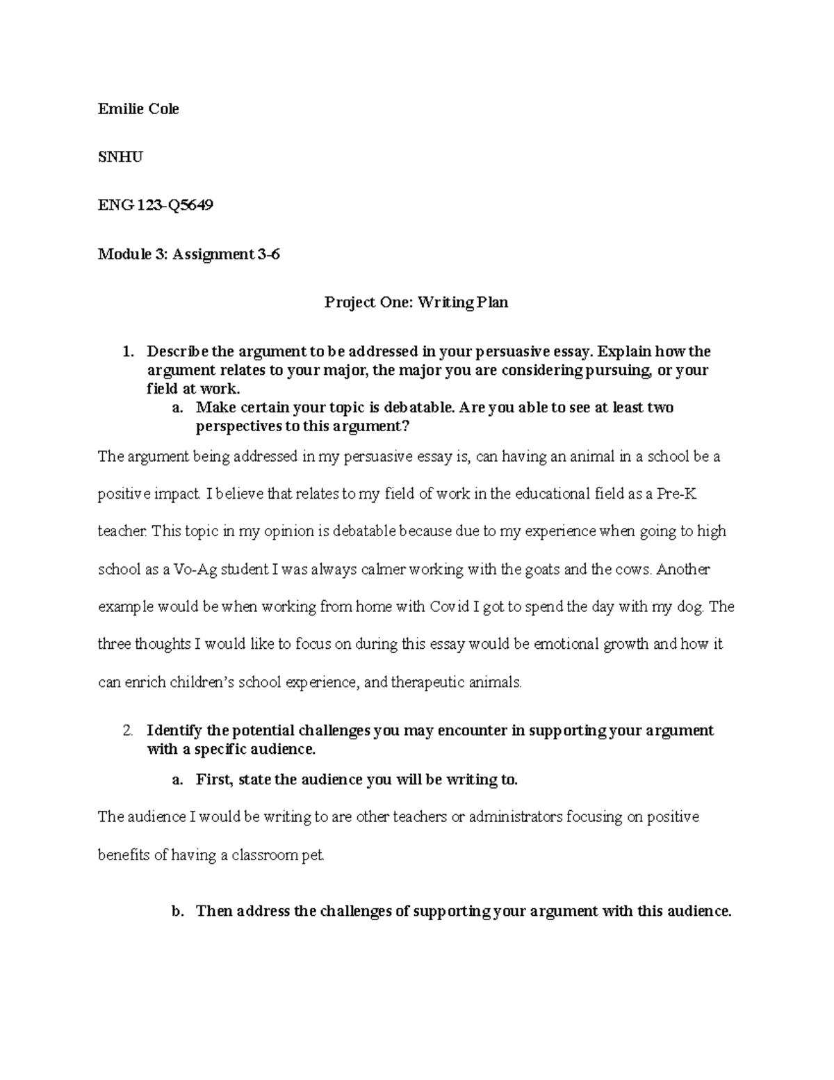 ENG 123 Project One Writing Plan - Emilie Cole SNHU ENG 123-Q Module 3 ...