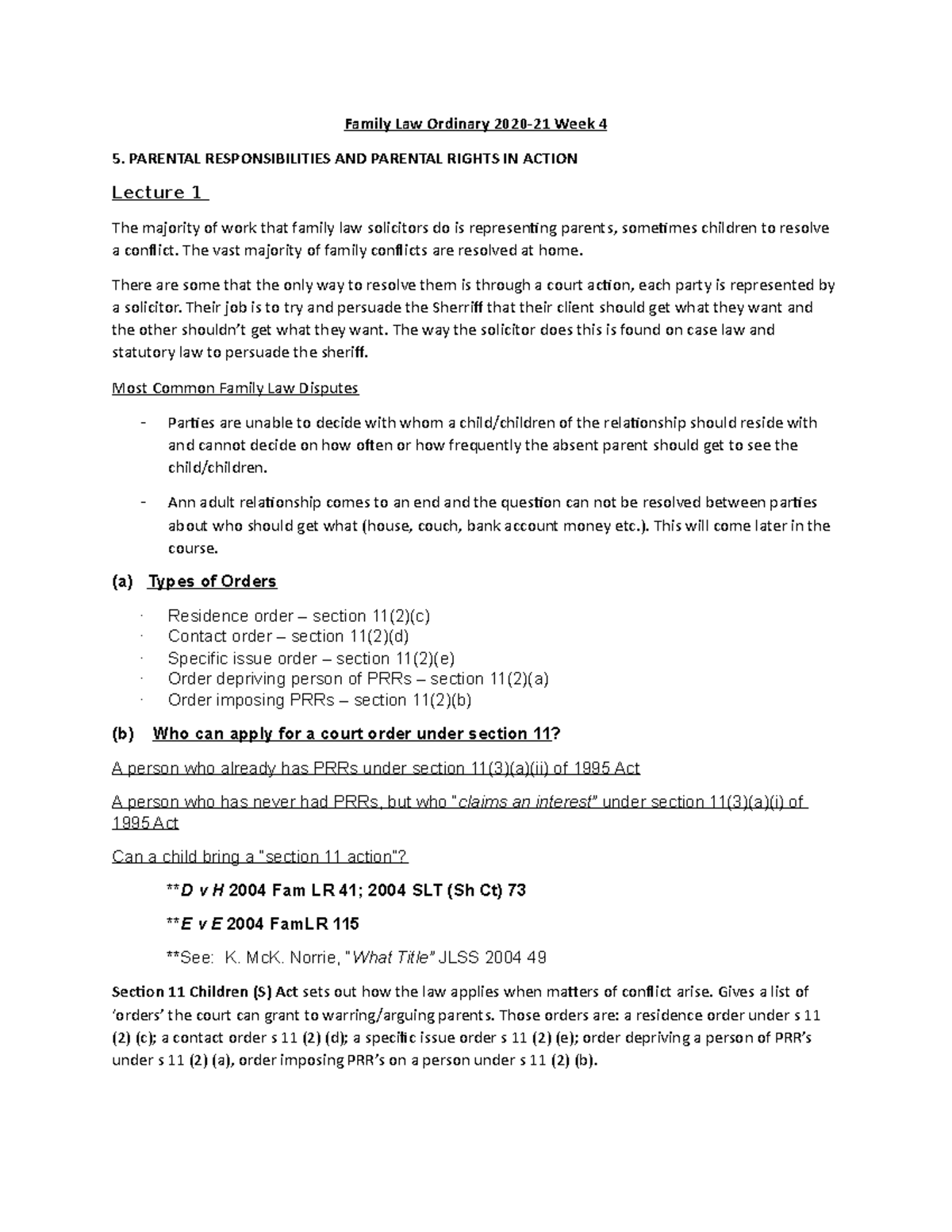 Family Law Ordinary 202021 Week 4 PARENTAL RESPONSIBILITIES AND
