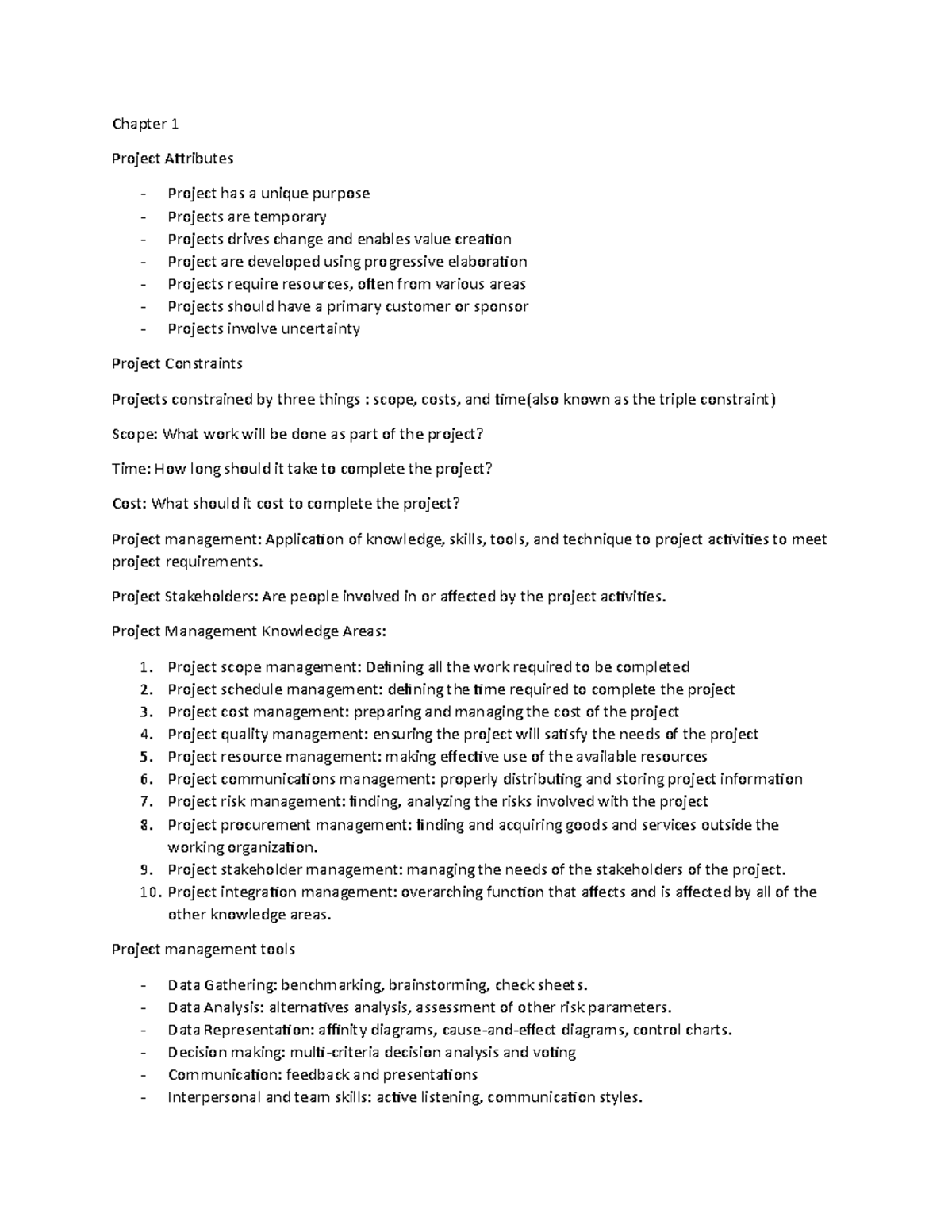 Chapter 1 & 2 - Lecture notes 1 - Chapter 1 Project Attributes Project ...