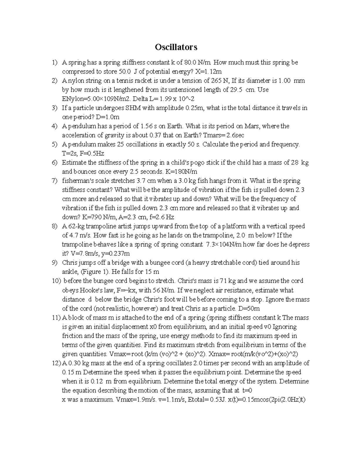 Pearson Homework Oscillators A spring has a spring stiffness constant