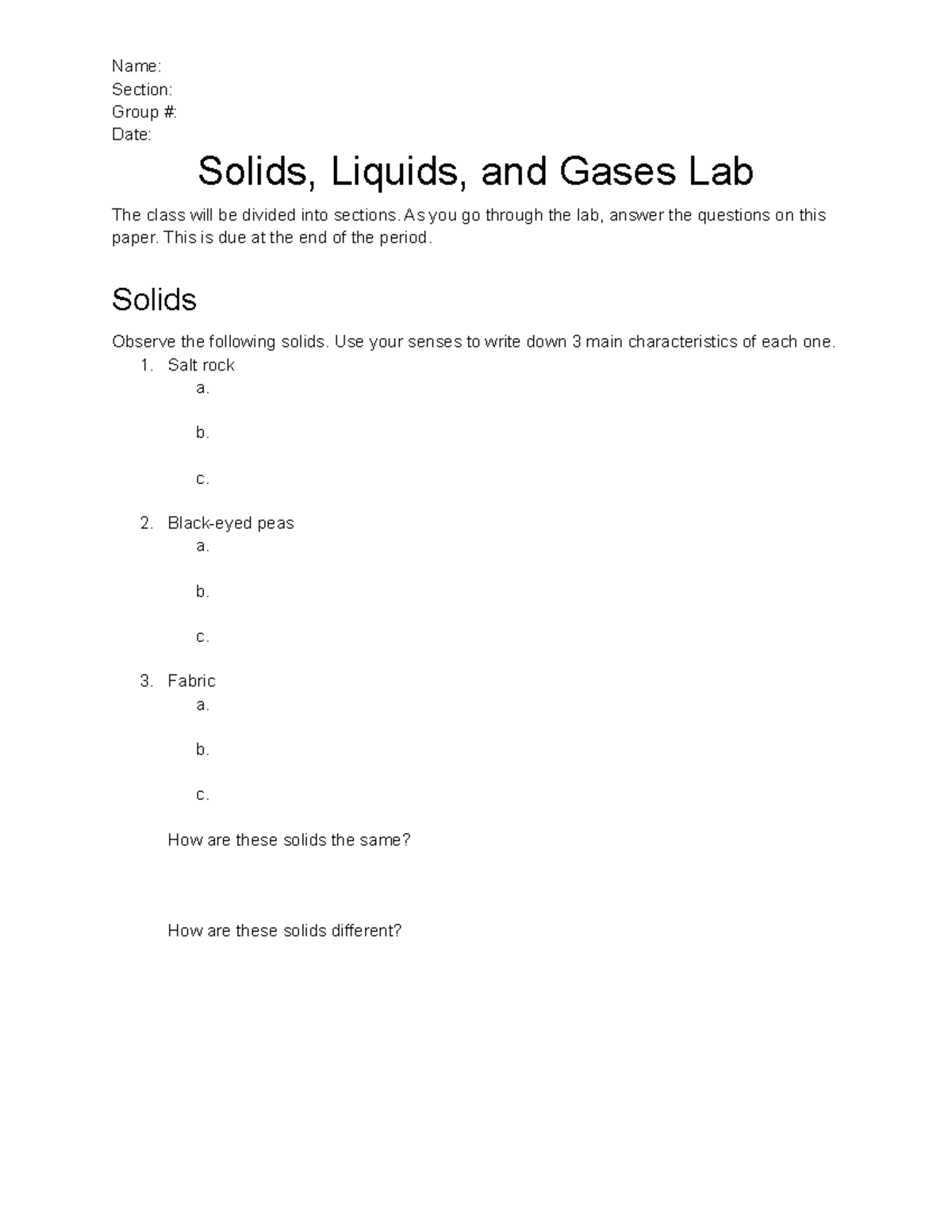 Solids, Liquids, And Gases Lab - Name: Section: Group #: Date: Solids ...