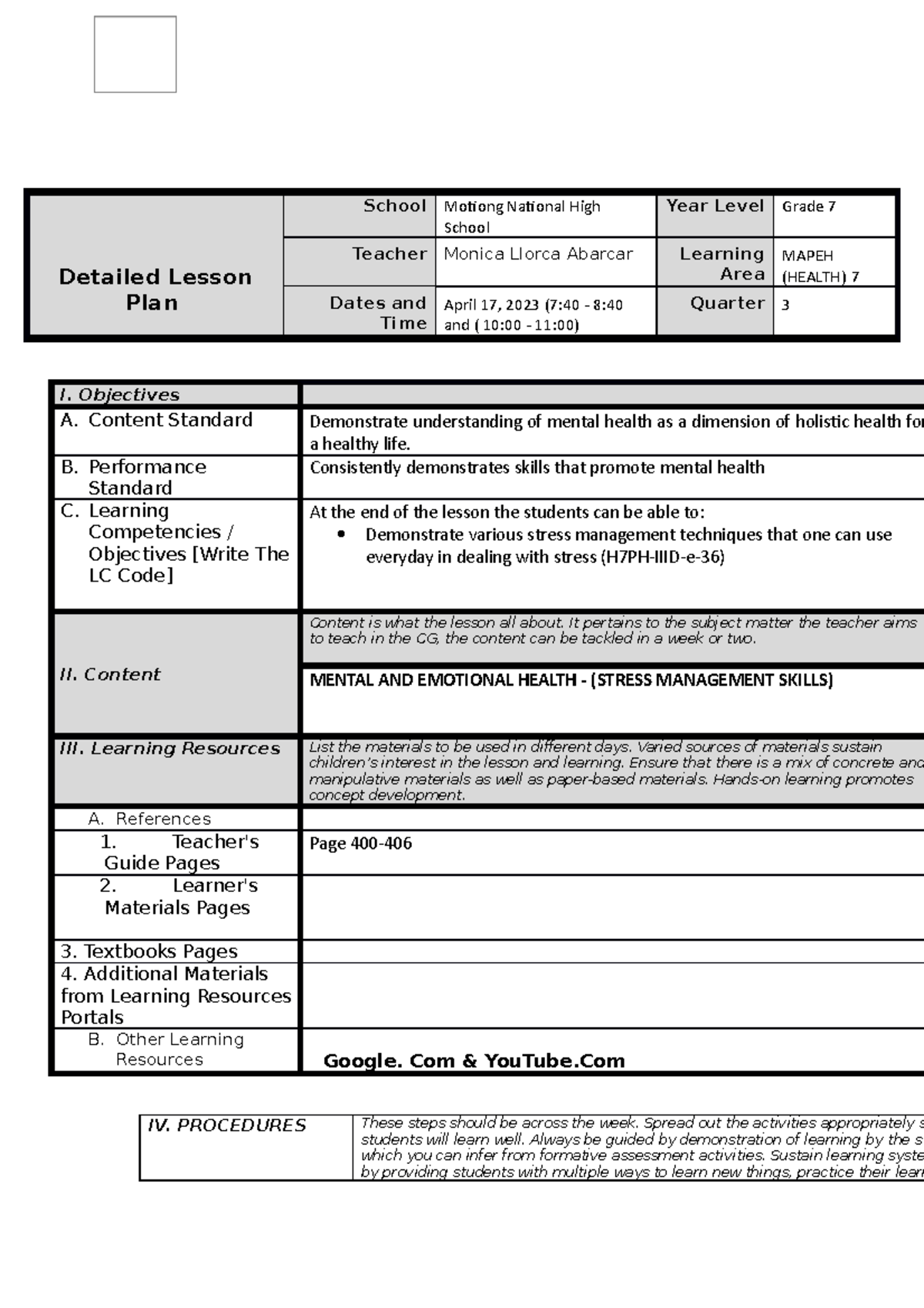 Six dlp - Musical elements - Detailed Lesson Plan School Motiong ...