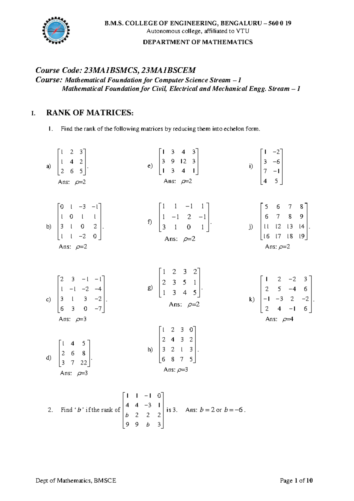 First sem UNIT 5 Matrices and System of Equations 2024 2025 (1) B.M