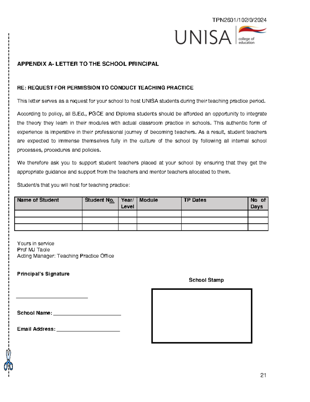 Placement Letter - APPENDIX A- LETTER TO THE SCHOOL PRINCIPAL RE ...