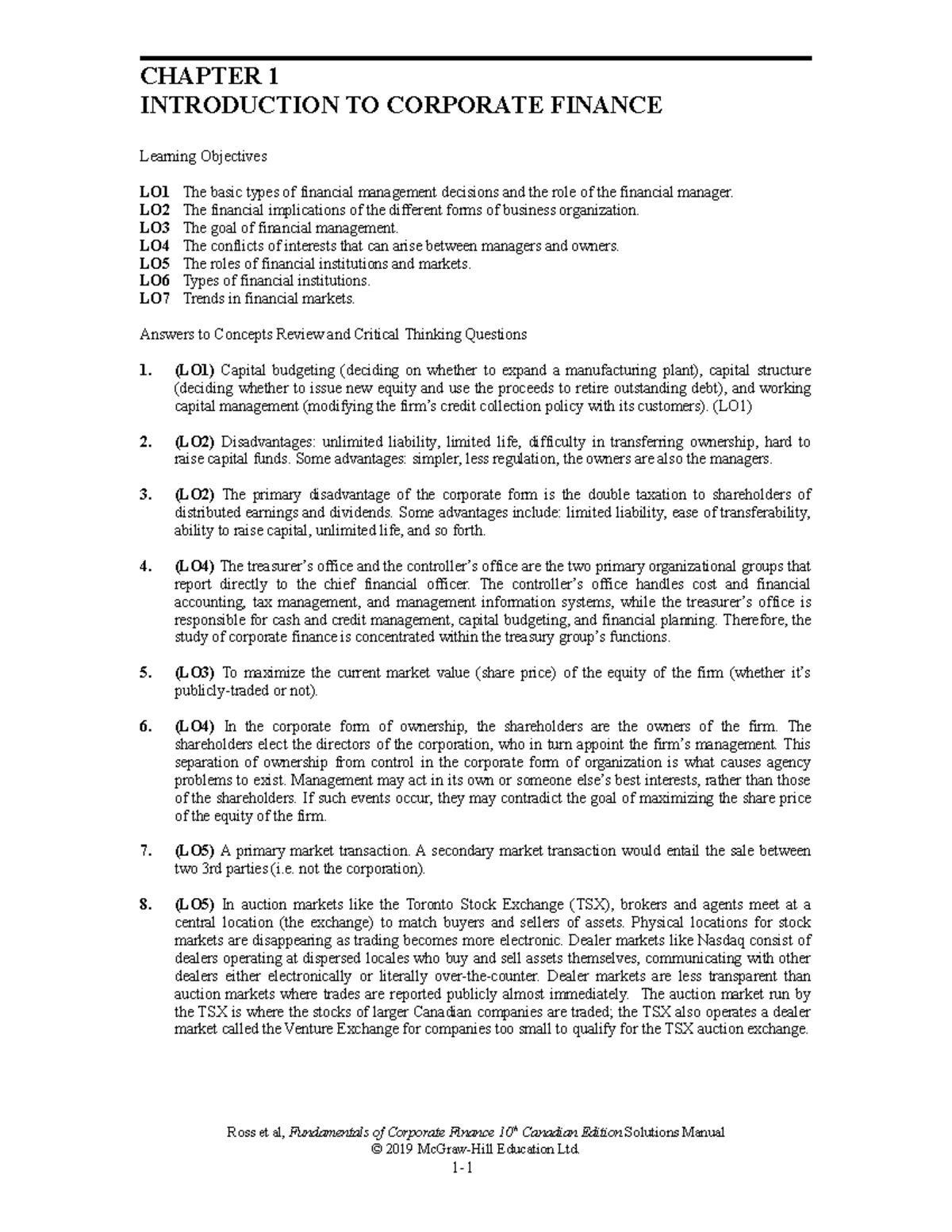 Fianance Study Guide Ch.1 - CHAPTER 1 INTRODUCTION TO CORPORATE FINANCE ...