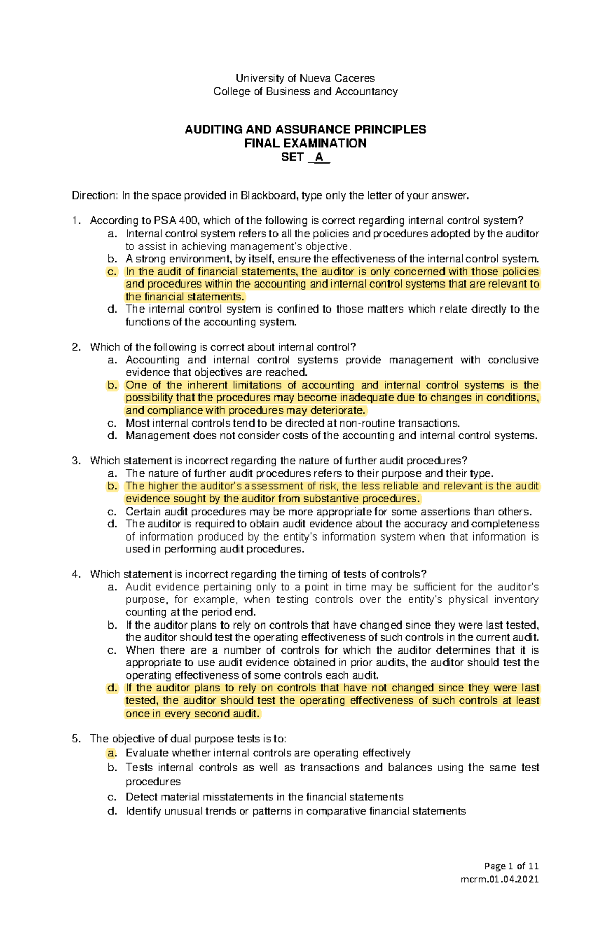 Auditing And Assurance Principles Final Exam Set A Answer KEY - Page 1 ...