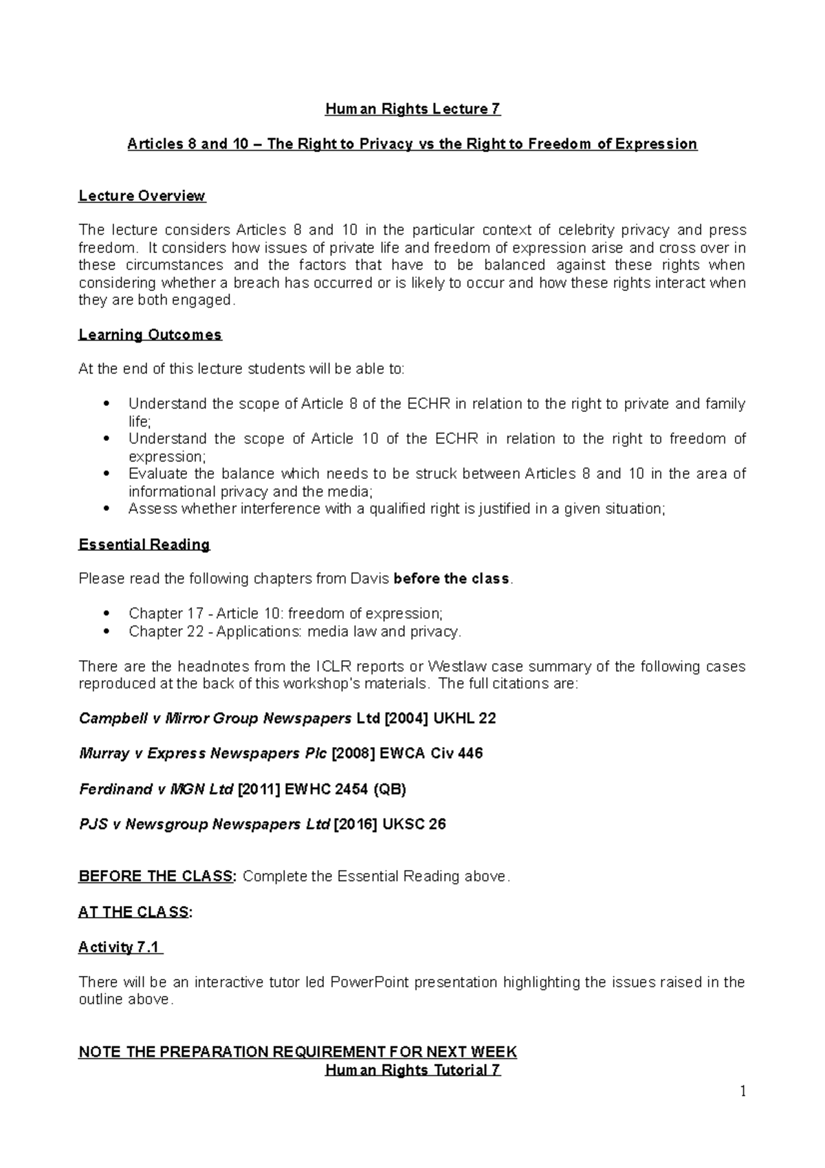 BIL0006 Module Materials - Human Rights Week 7 - Human Rights Lecture 7 ...