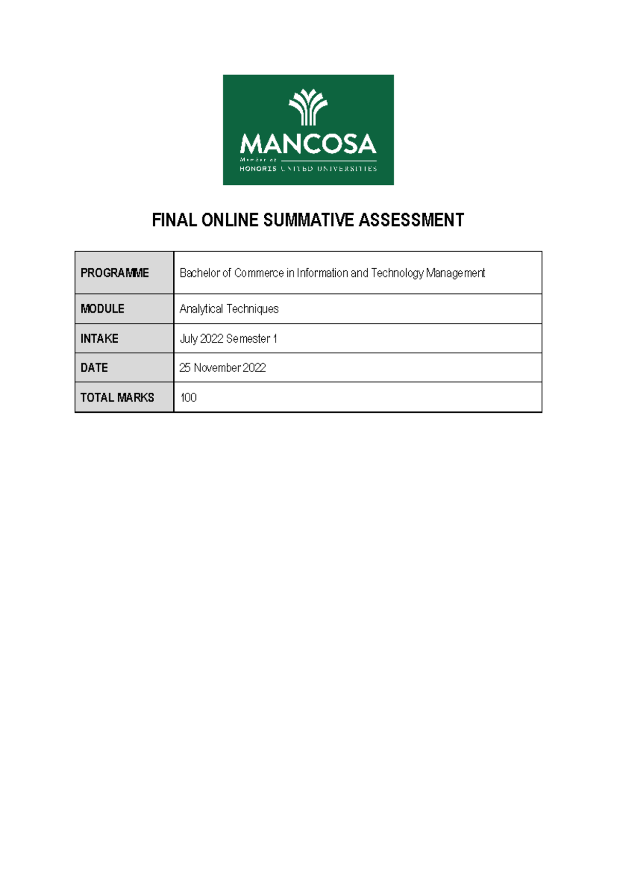 Analytical Techniques Final OSA - FINAL ONLINE SUMMATIVE ASSESSMENT ...