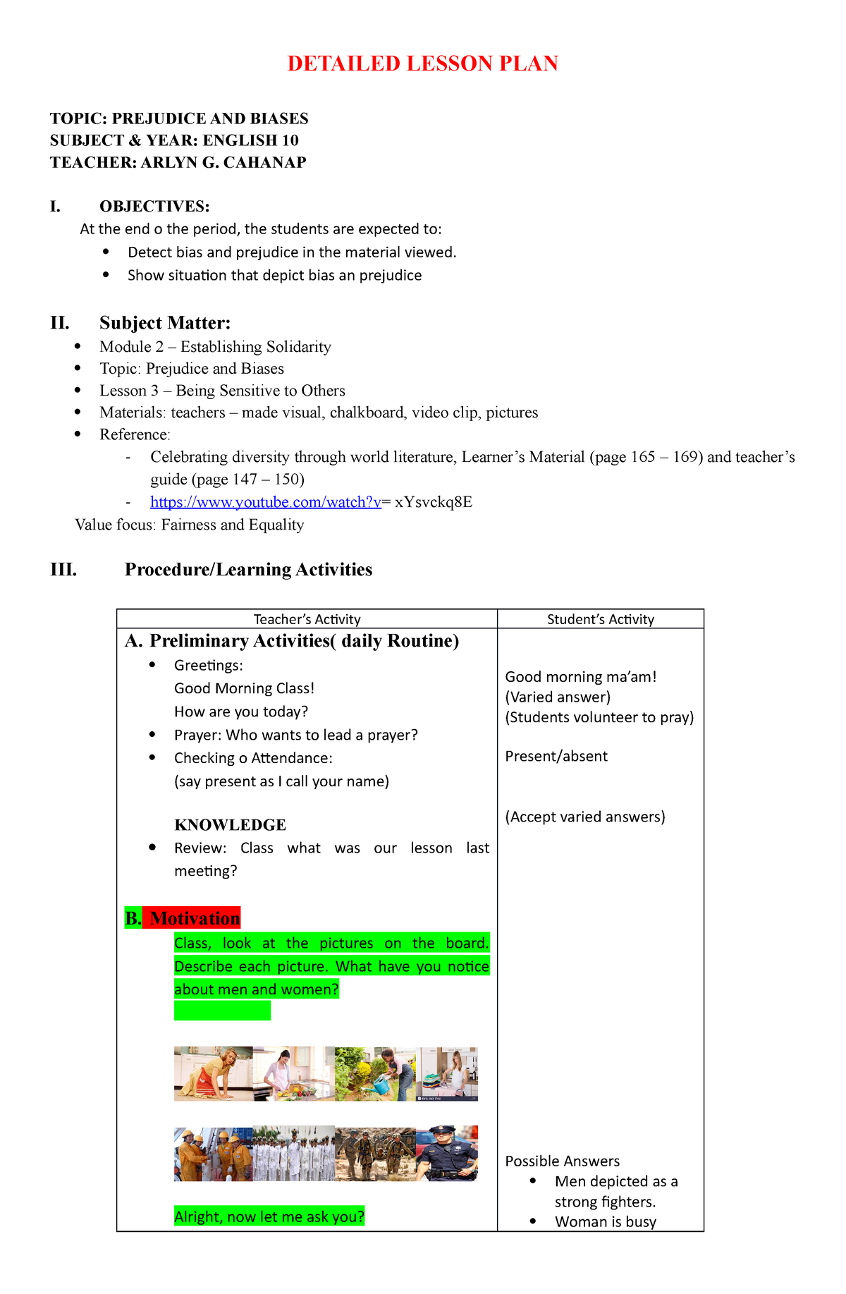 Detailed Lesson PLAN DETAILED LESSON PLAN TOPIC PREJUDICE AND BIASES 