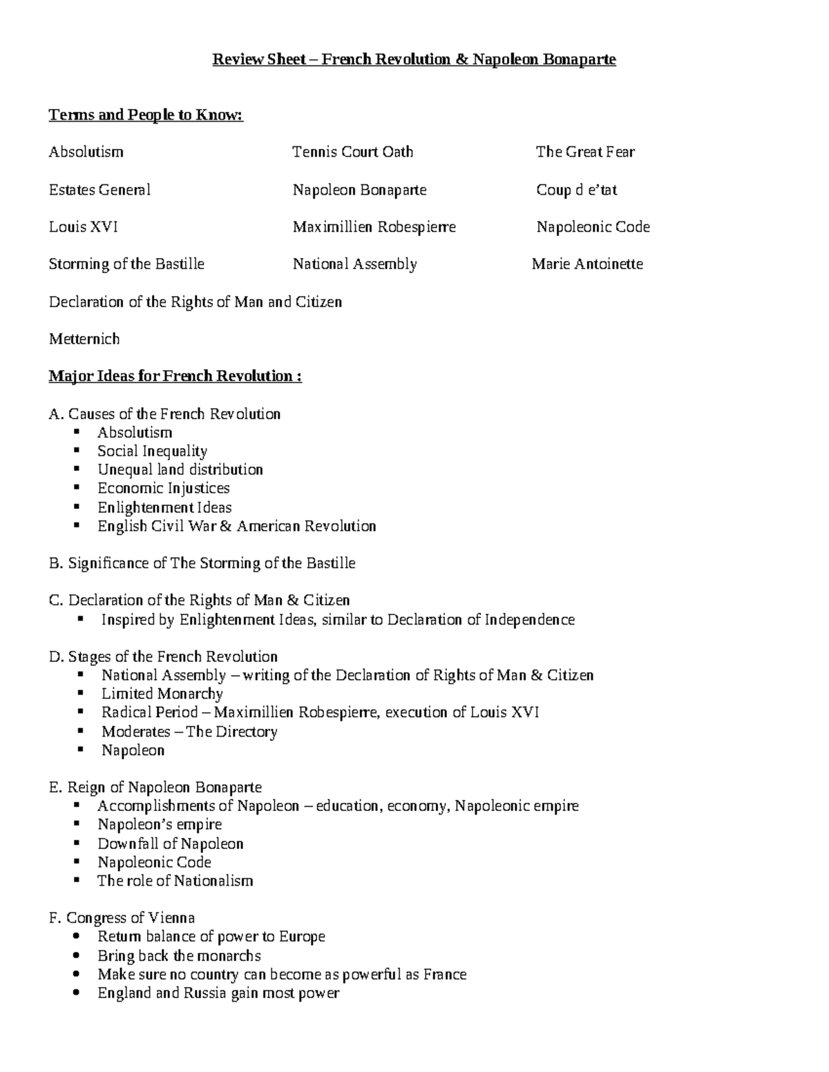 French Revolution review sheet - Review Sheet – French Revolution ...