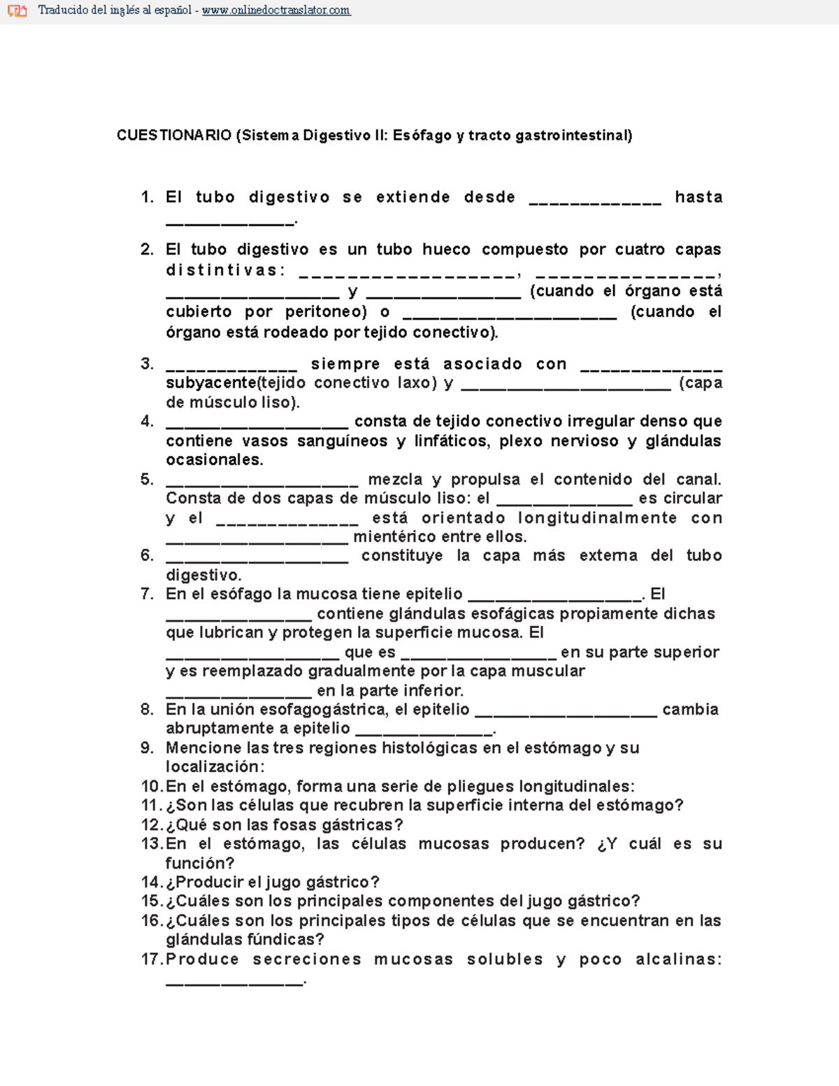 Questionnaire Digestive System II español - Histología - UAD - Studocu