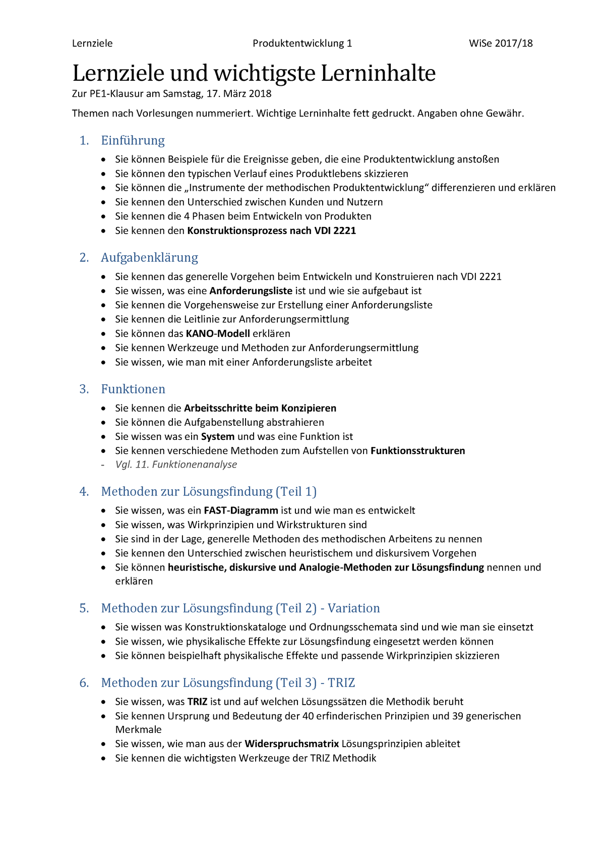 PE1 Lernziele Und -inhalte - Lernziele Produktentwicklung 1 WiSe ...