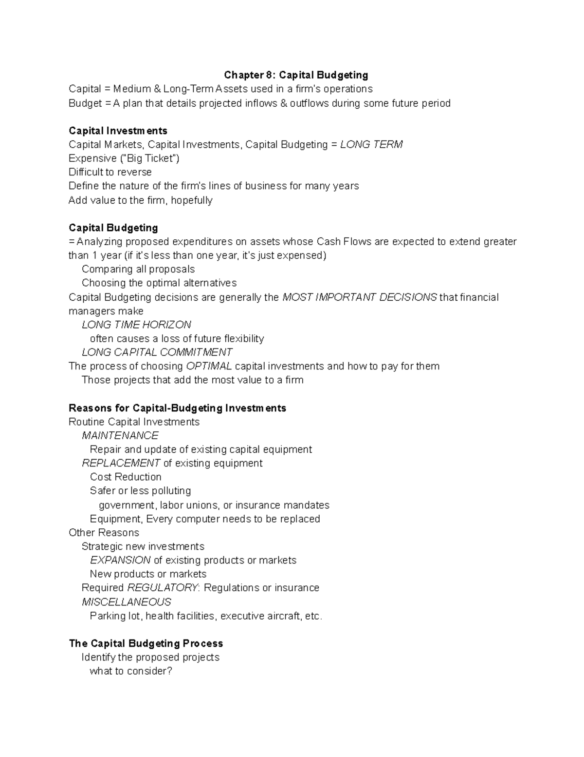Fin 3200 Summary Of Chapter 8 Capital Budgeting Chapter 8