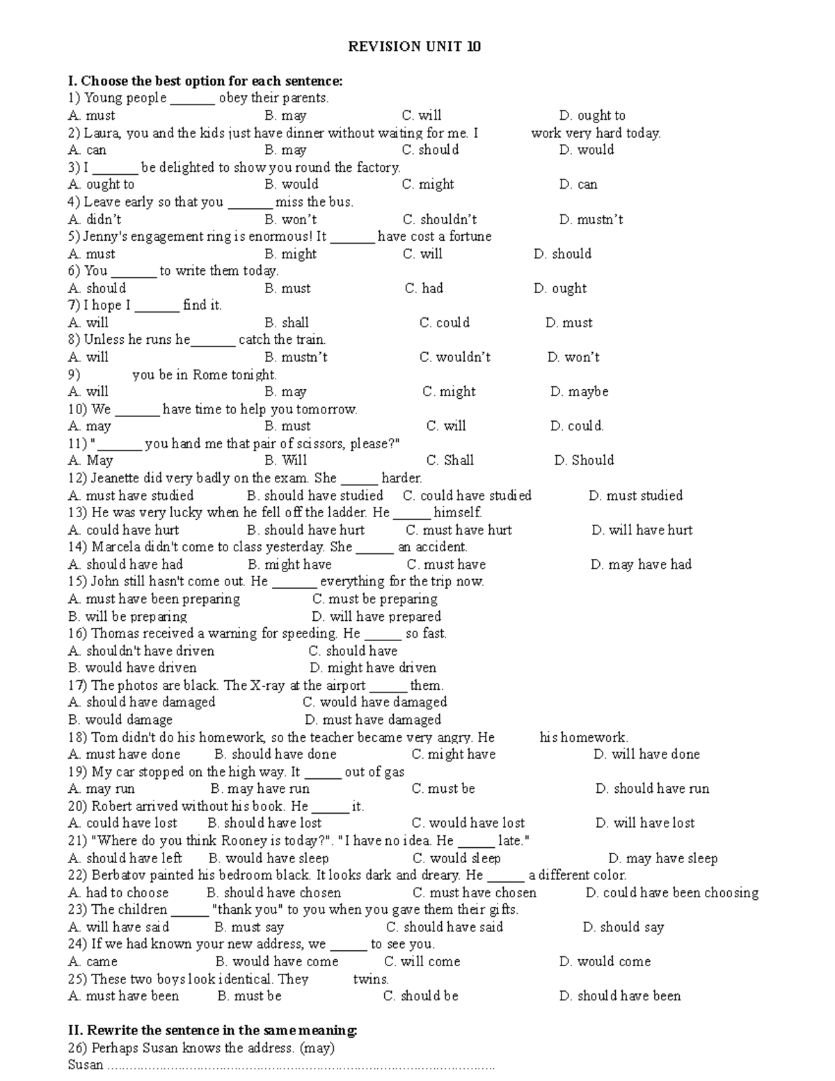 Unit 10 - i like it - REVISION UNIT 10 I. Choose the best option for ...