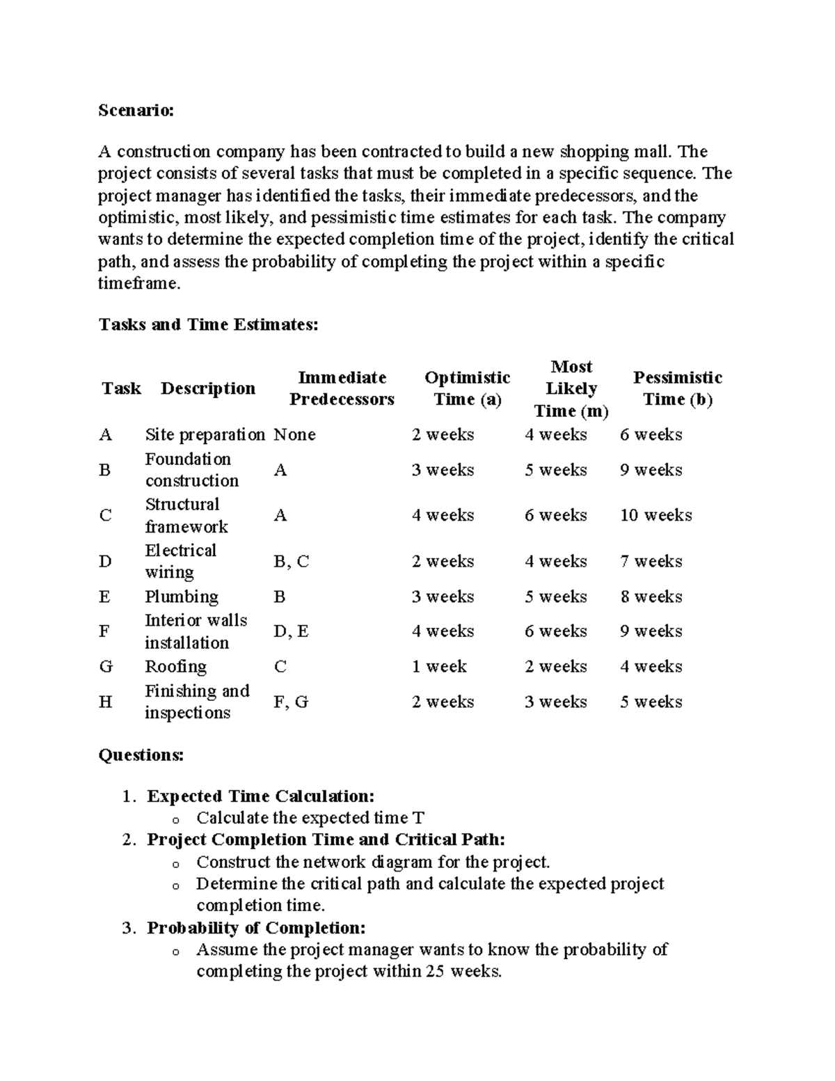 Pert cpm question - Quantiative method - Scenario: A construction ...