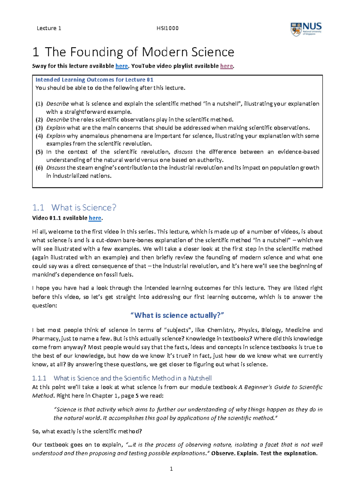 L01 Detailed Notes - hsi1000 lect 1 - 1 The Founding of Modern Science ...