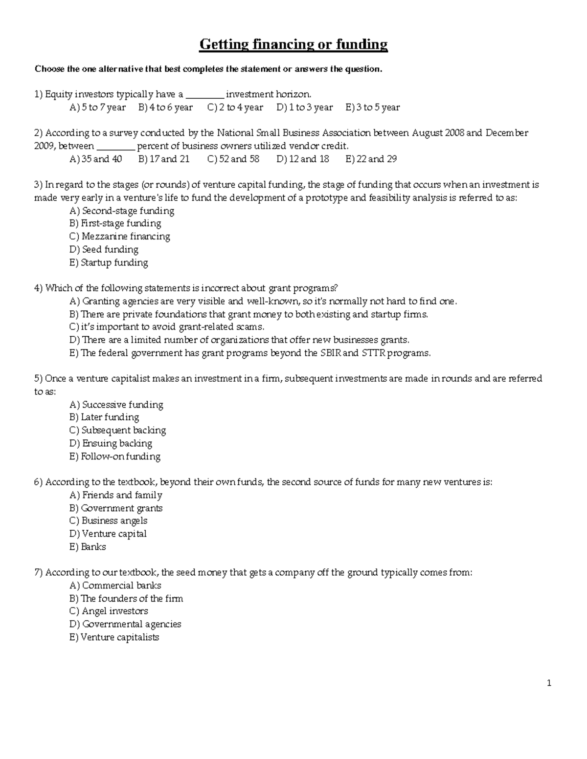 Chapter 10 - Getting financing or funding Choose the one alternative ...