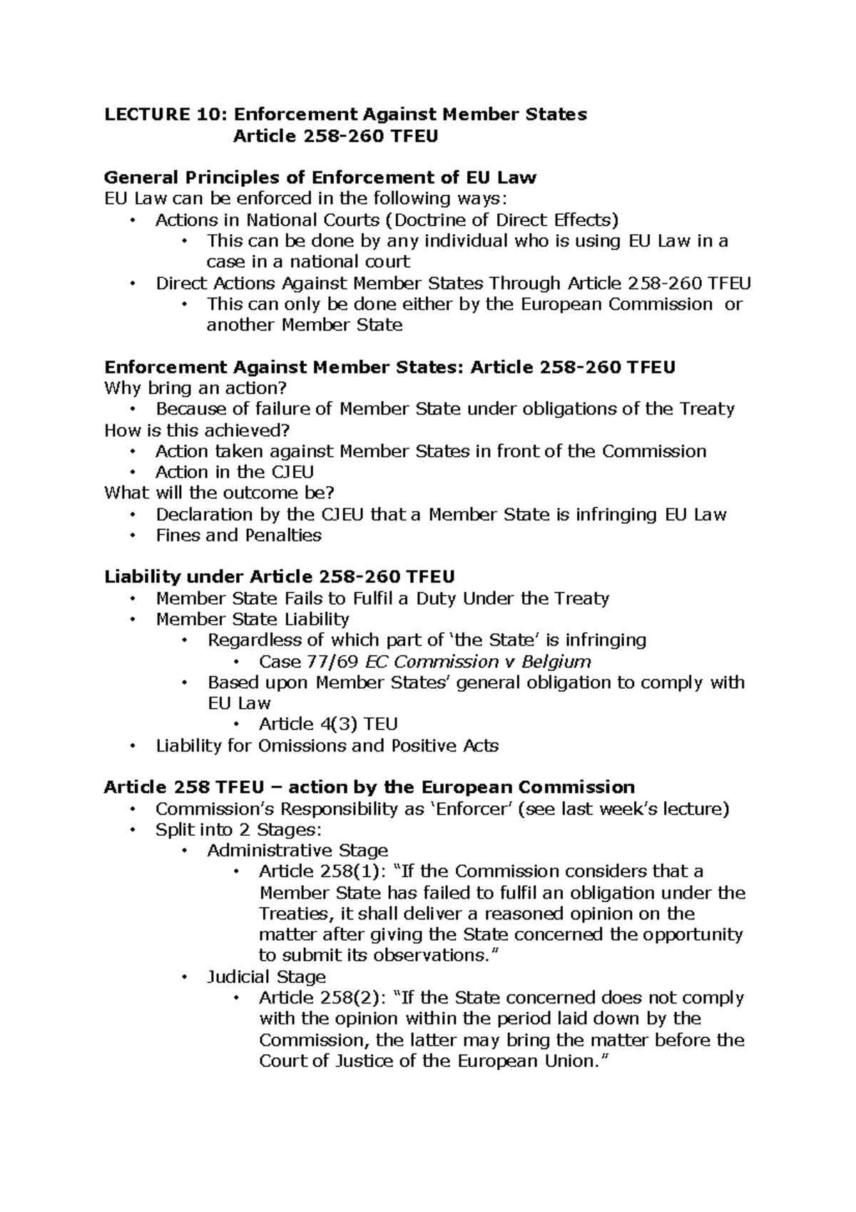 Lecture 10 - LECTURE 10: Enforcement Against Member States Article 258 ...