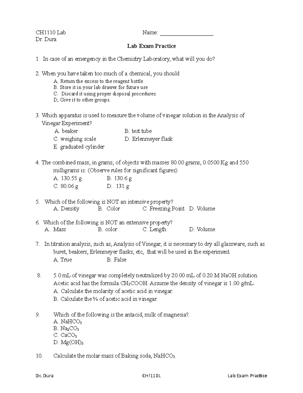 Lab Exam Practice - prof. Jenny - CH1110 Lab Name ...