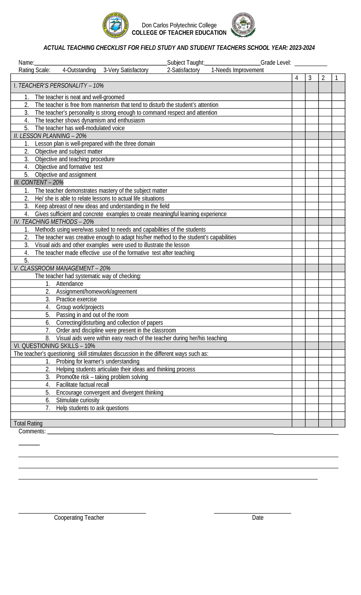 Teaching-checklist - Don Carlos Polytechnic College COLLEGE OF TEACHER ...