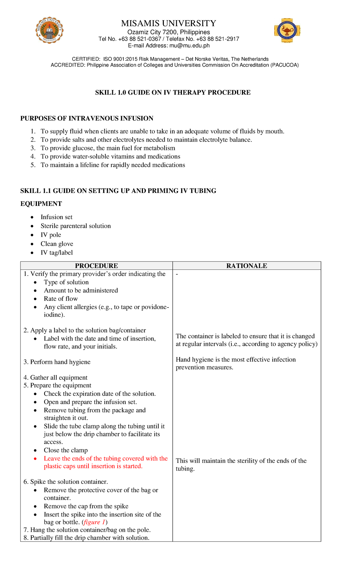 IV- Procedures - Nursing notes - MISAMIS UNIVERSITY Ozamiz City 7200 ...