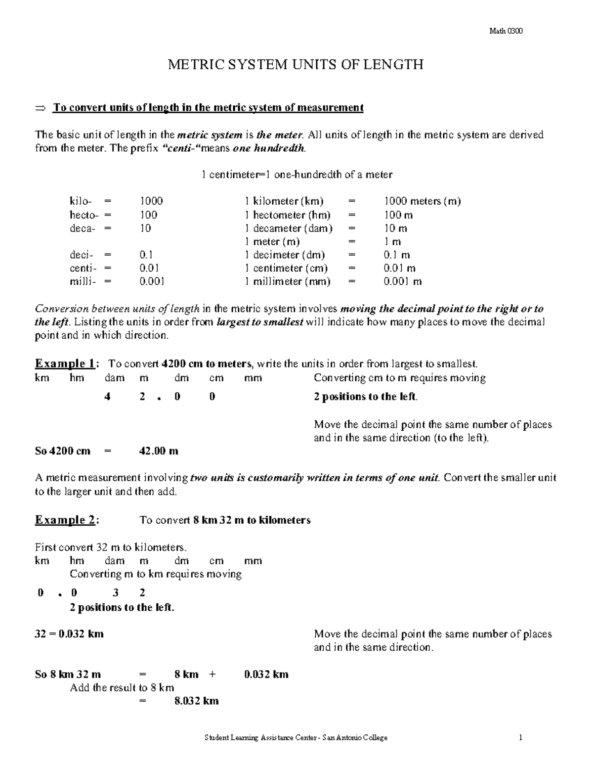Math0300 Metric Units Of Length METRIC SYSTEM UNITS OF LENGTH To