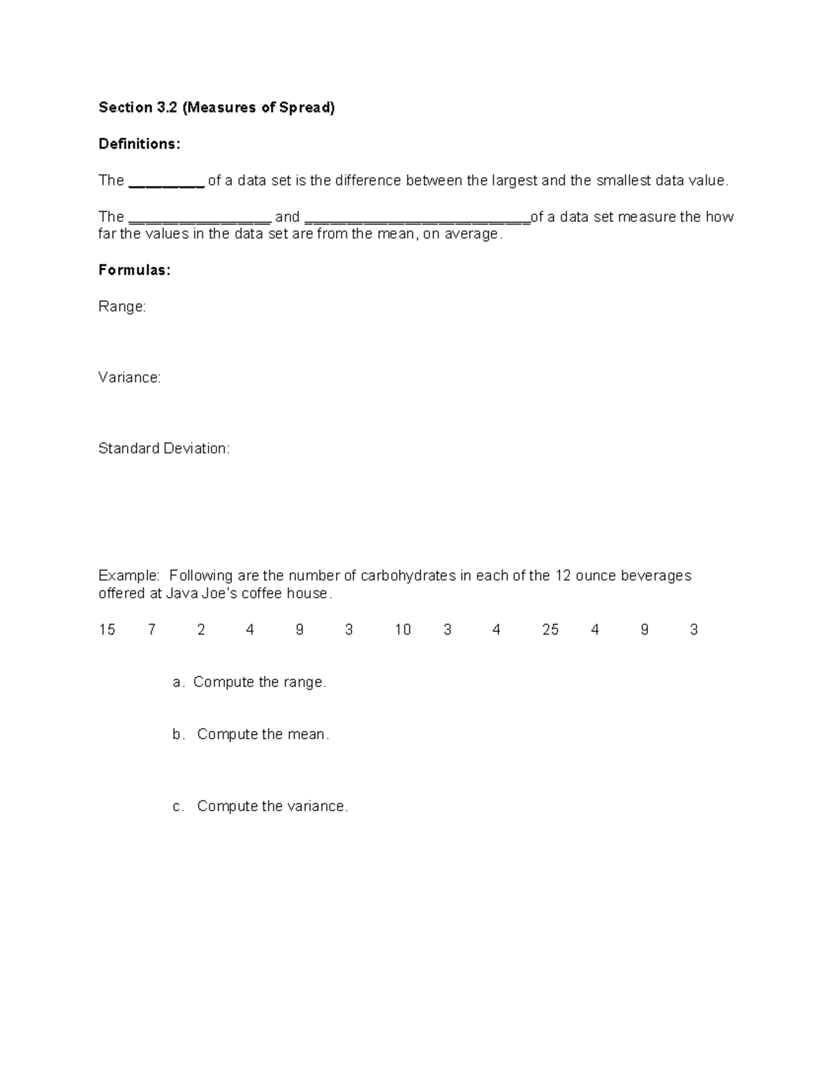 Section 3.2 Notes (Blank) - Section 3 (Measures of Spread) Definitions ...
