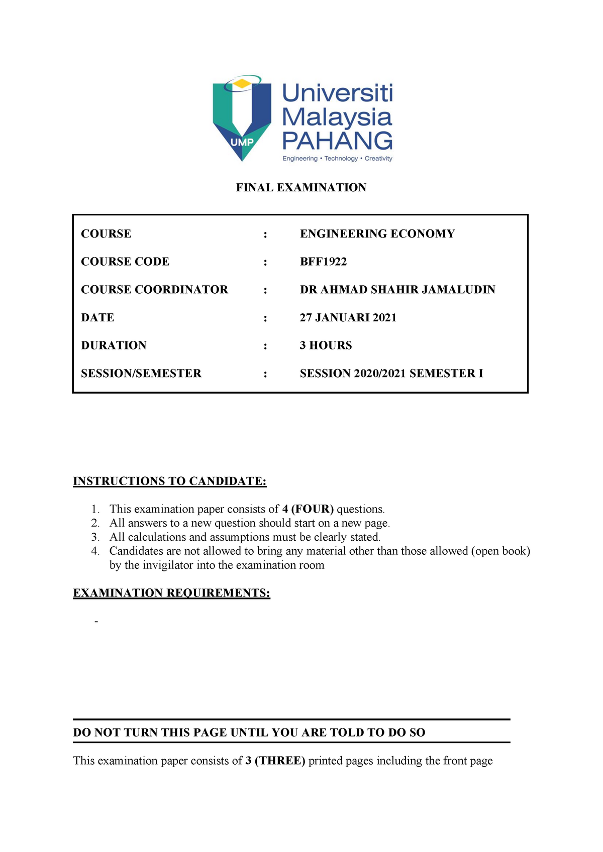 BFF1922 Engineering Economy Final Exam 2020-2021 Sem 1 - Updated (SET 1 ...