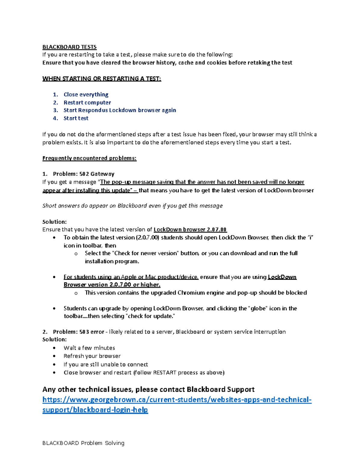 Blackboard Tests FAQ issues Post BLACKBOARD Problem Solving