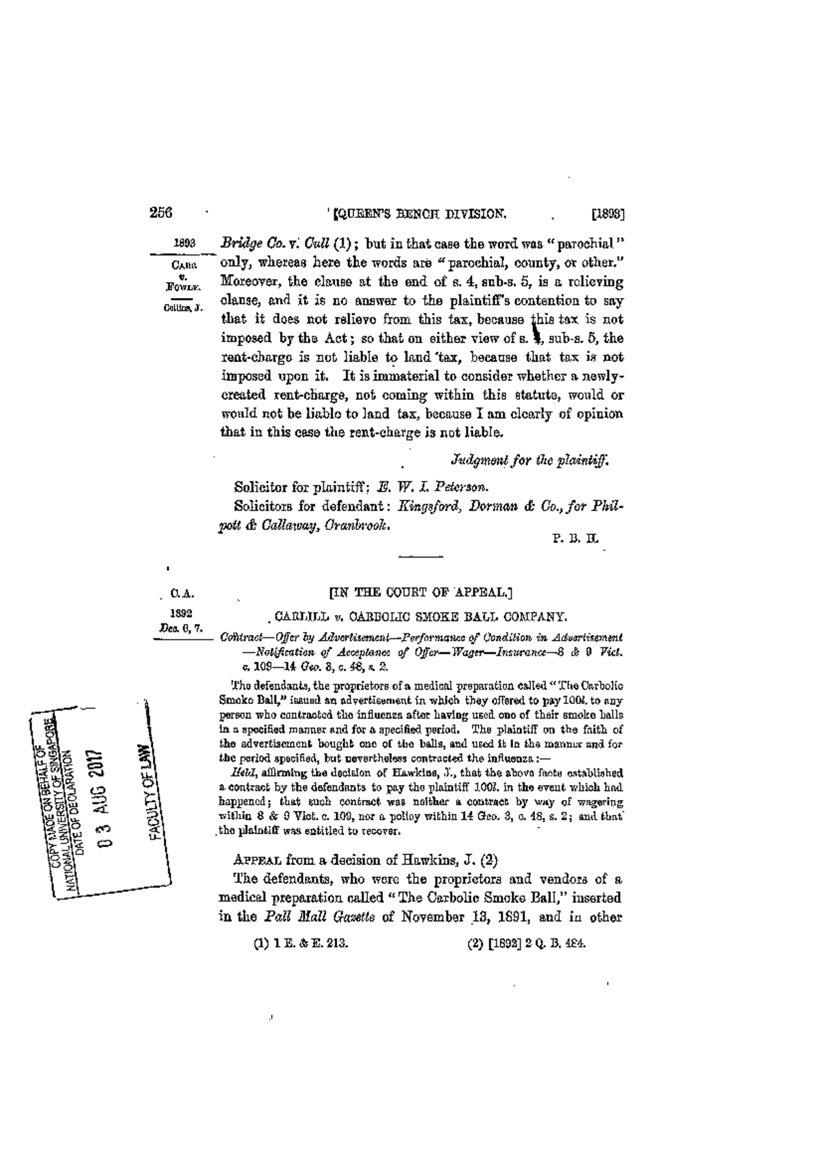 Case Carlill v. Carbolic Smoke Ball Company LC5337 Studocu