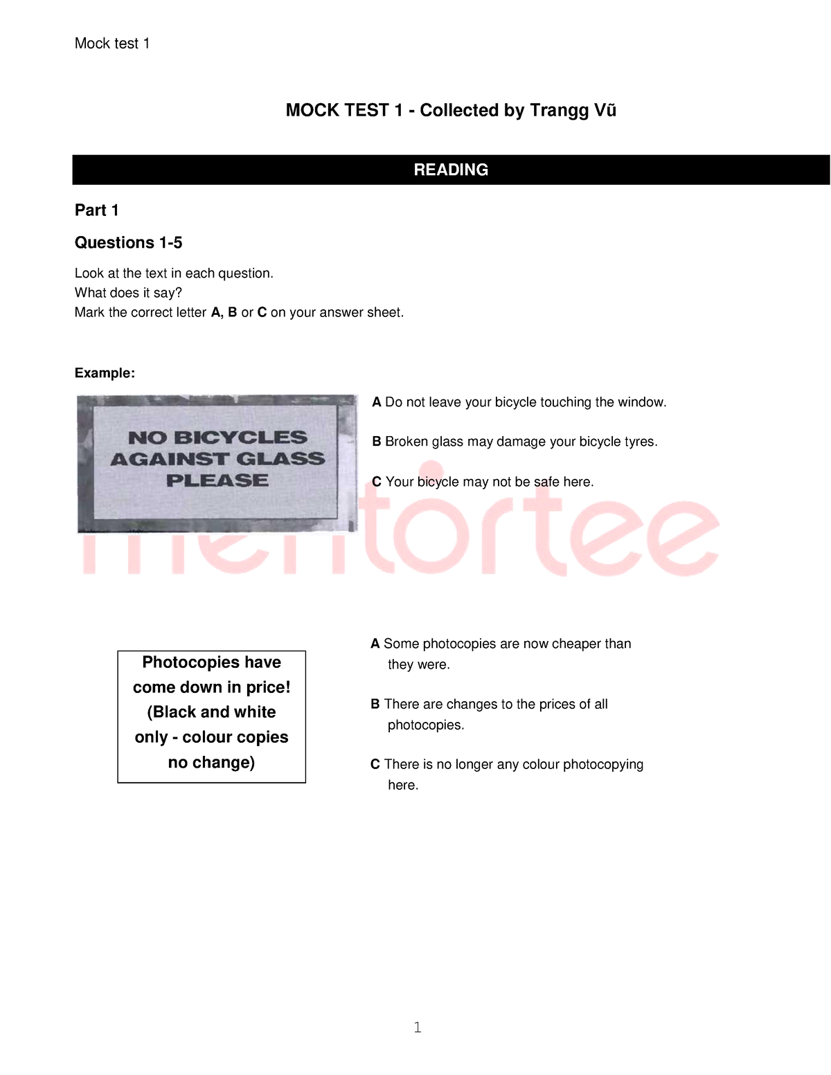 Mock Test 1 - Mock Test 1 - MOCK TEST 1 - Collected By Trangg Vũ ...