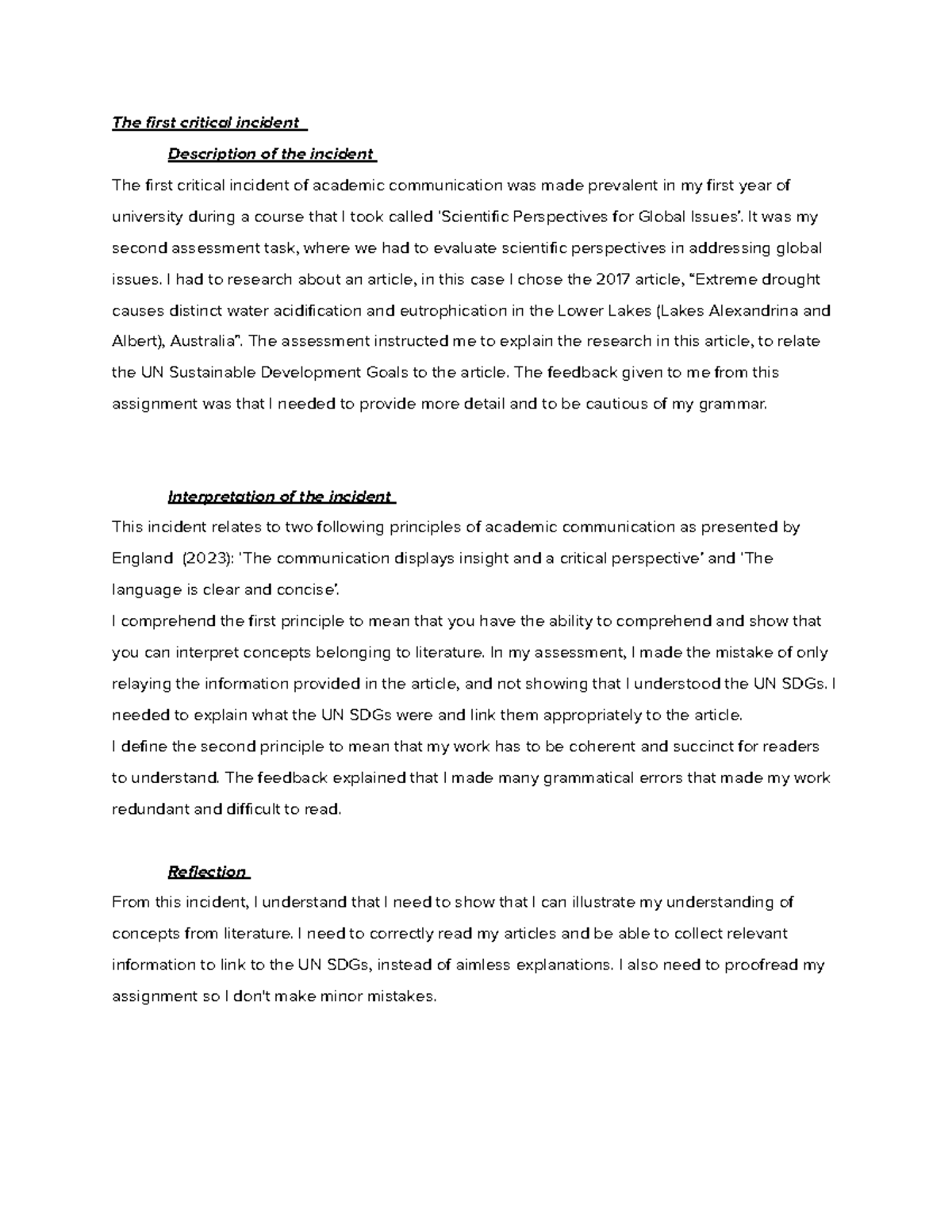 Academic english - First assignment - The first critical incident ...