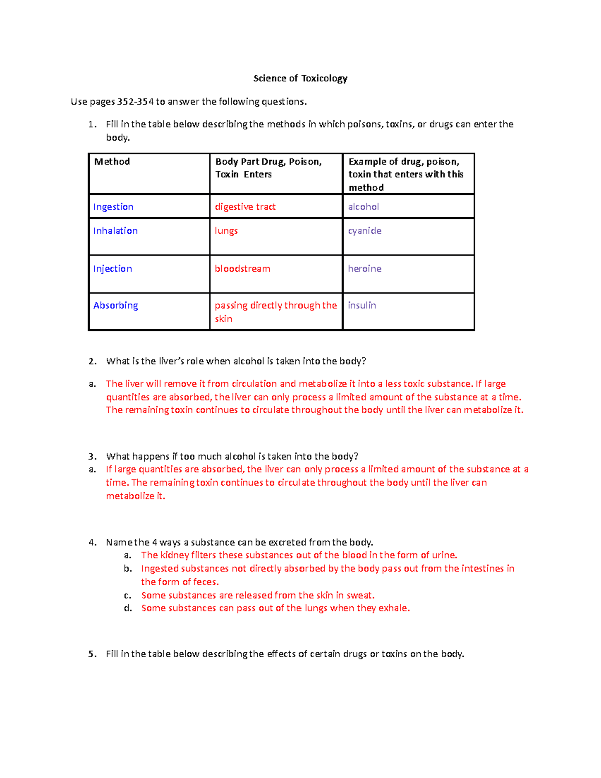 Science of Toxicology - Fill in the table below describing the methods ...