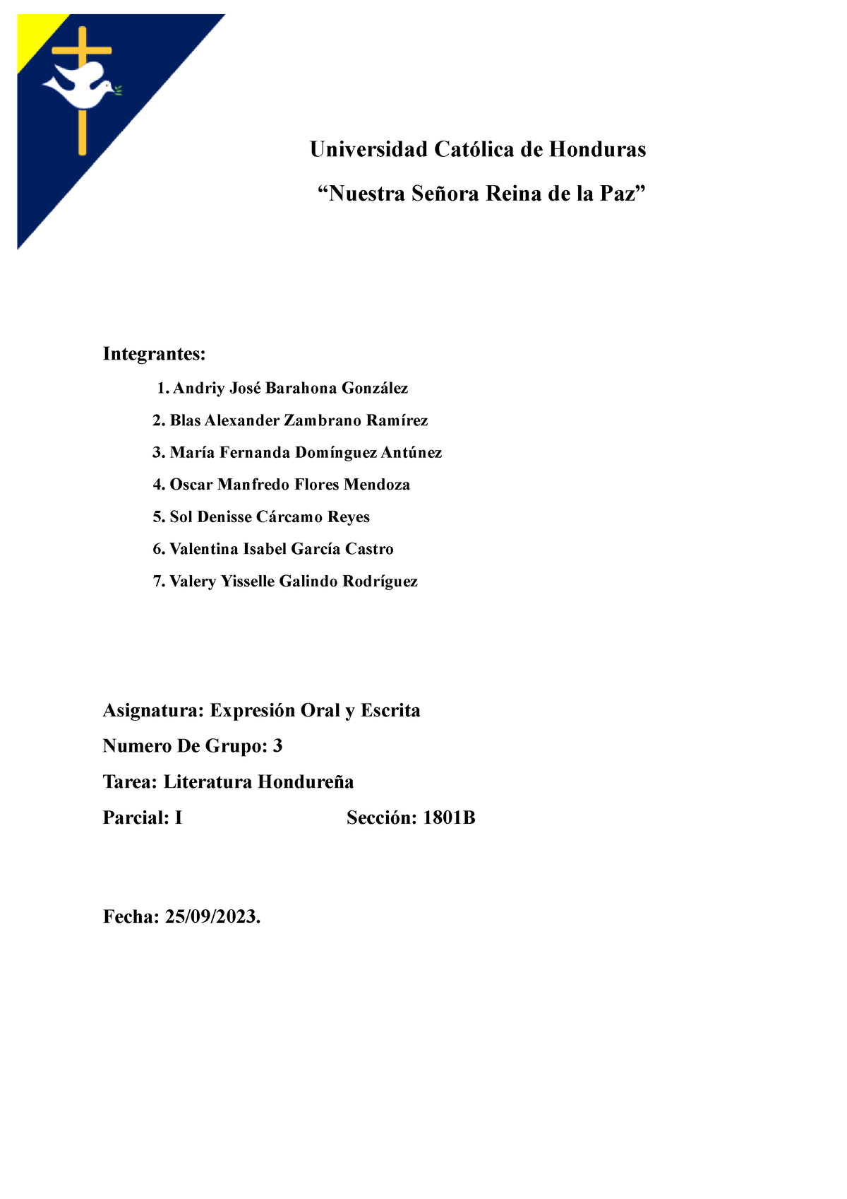 Trabajo Grupo Literatura Hondure A Universidad Cat Lica De Honduras Nuestra Se Ora Reina