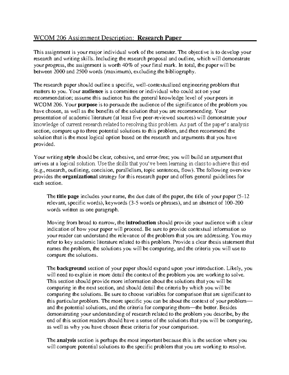 206 Research Paper Description 206 Assignment Description