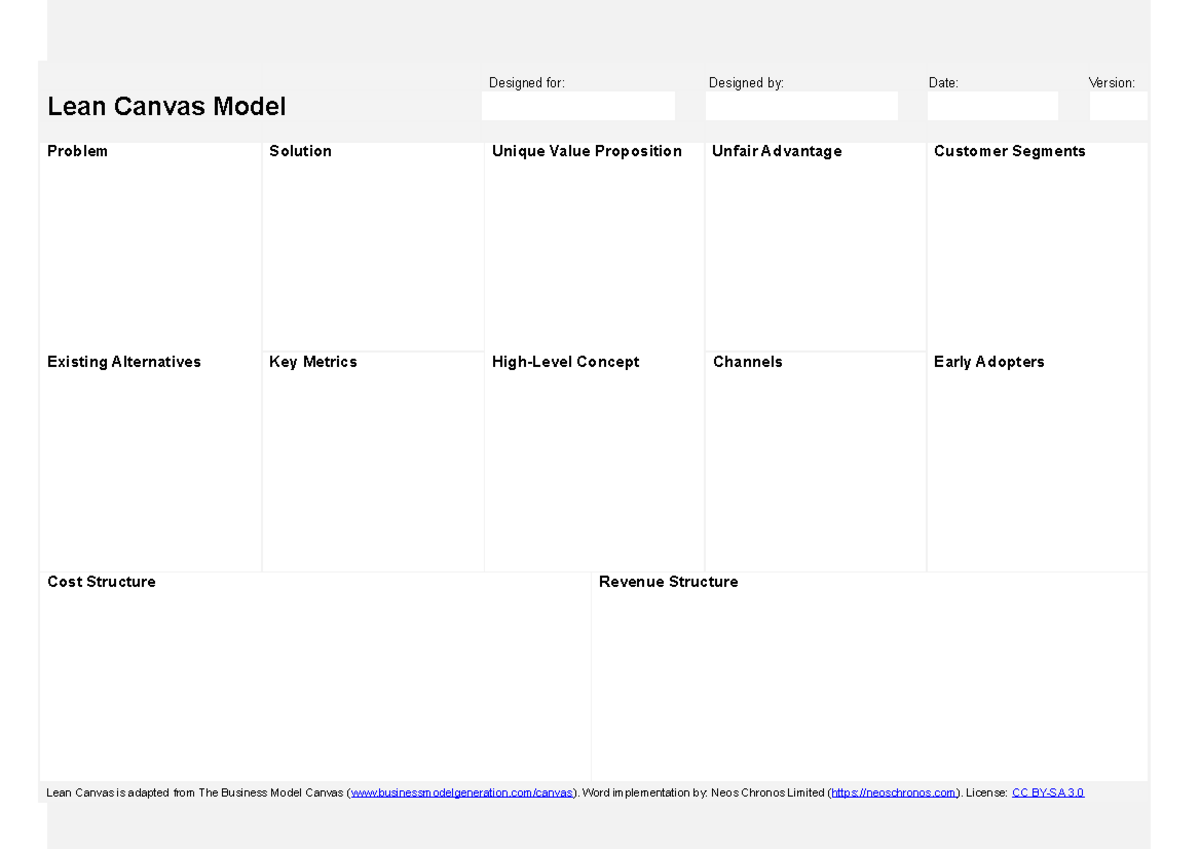 Lean Canvas Model Template Designed For Designed By Date Version 