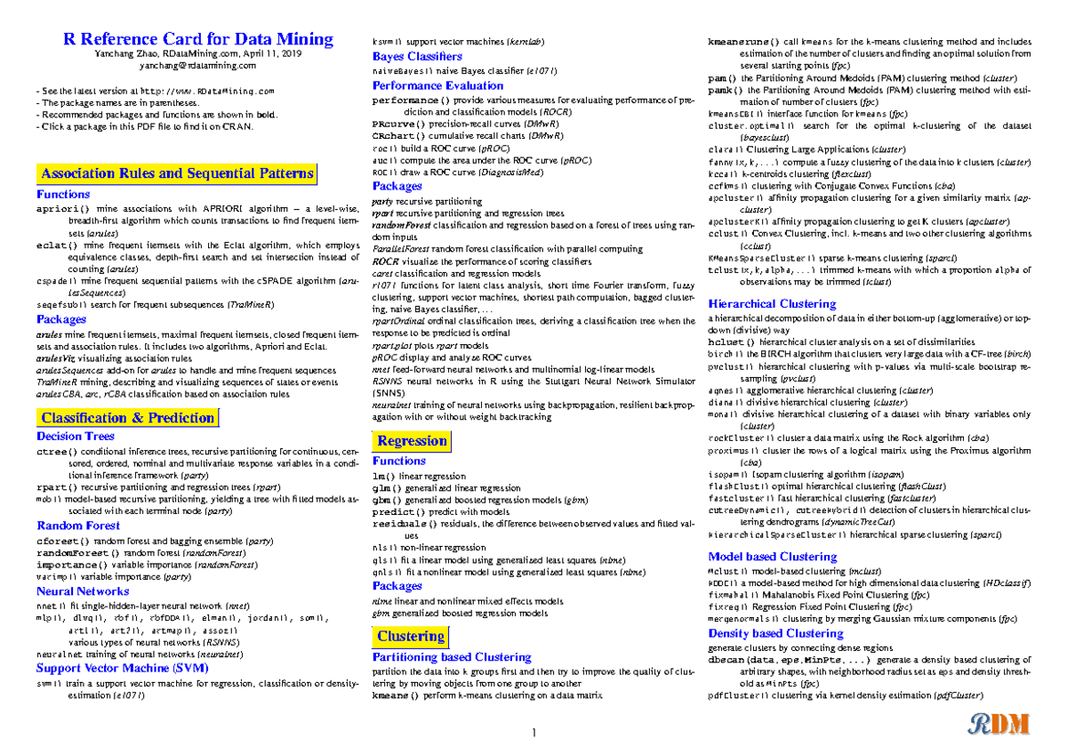 Aide Mémoire - R Reference Card for Data Mining - R Reference Card for ...