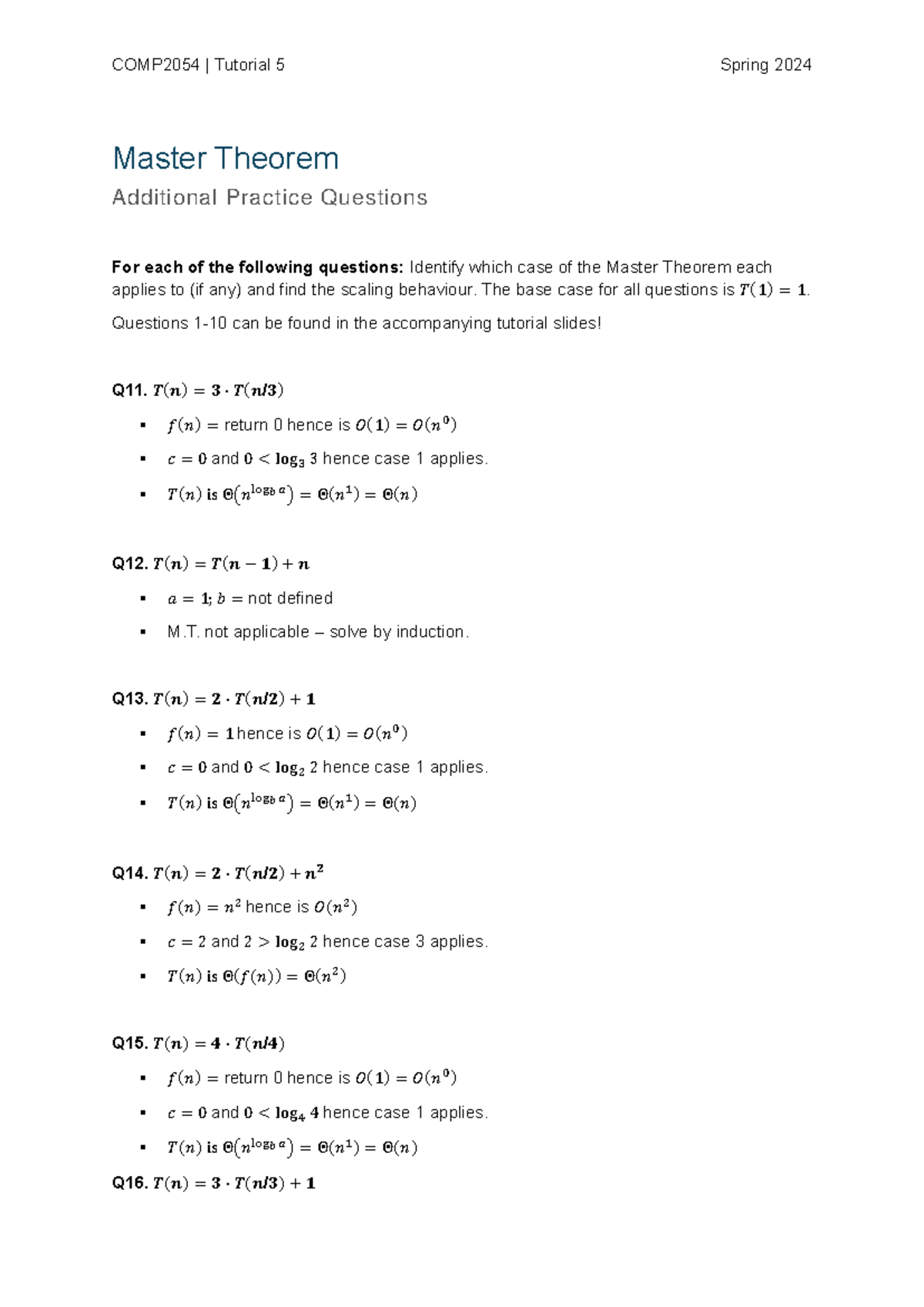 Master Theorem Practice Q's - Master Theorem Additional Practice ...