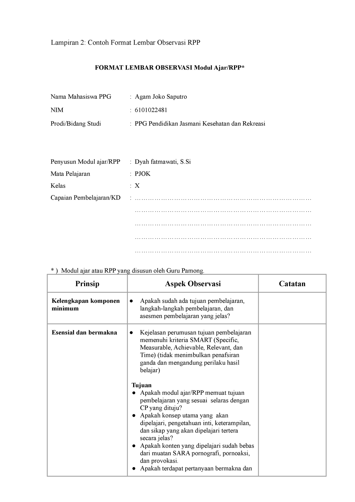 Lampiran 2 - Contoh Format Lembar Observasi RPP - Lampiran 2: Contoh ...