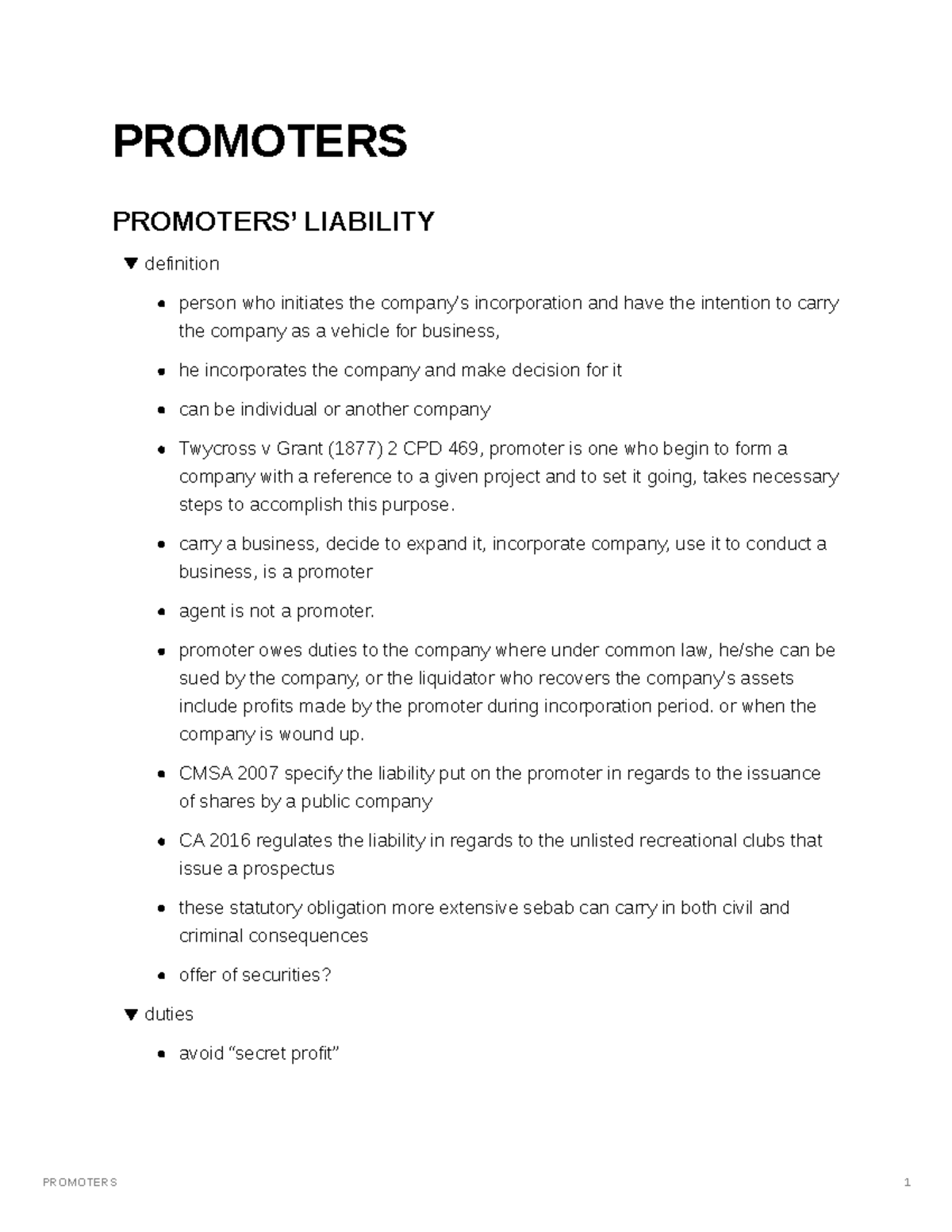 Promoters PROMOTERS PROMOTERS’ LIABILITY definition person who