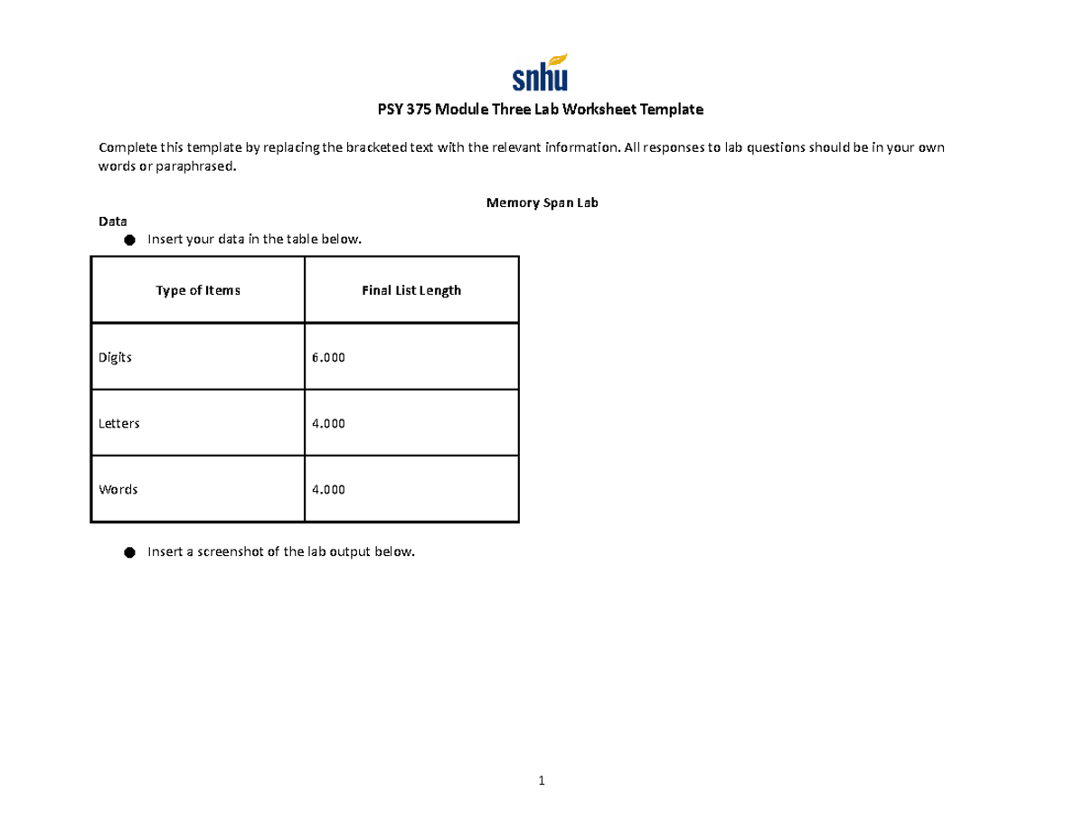 PSY 375 Module Three Lab Worksheet Template - PSY 375 Module Three Lab ...