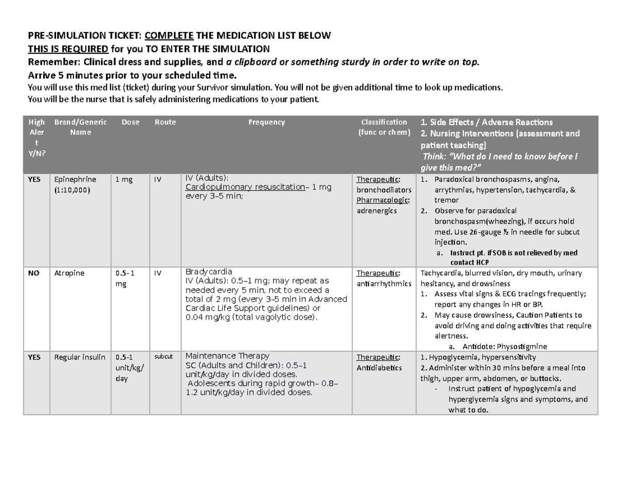1st Semester Survivor Simulation Med Ticket - Pre-simulation Ticket 