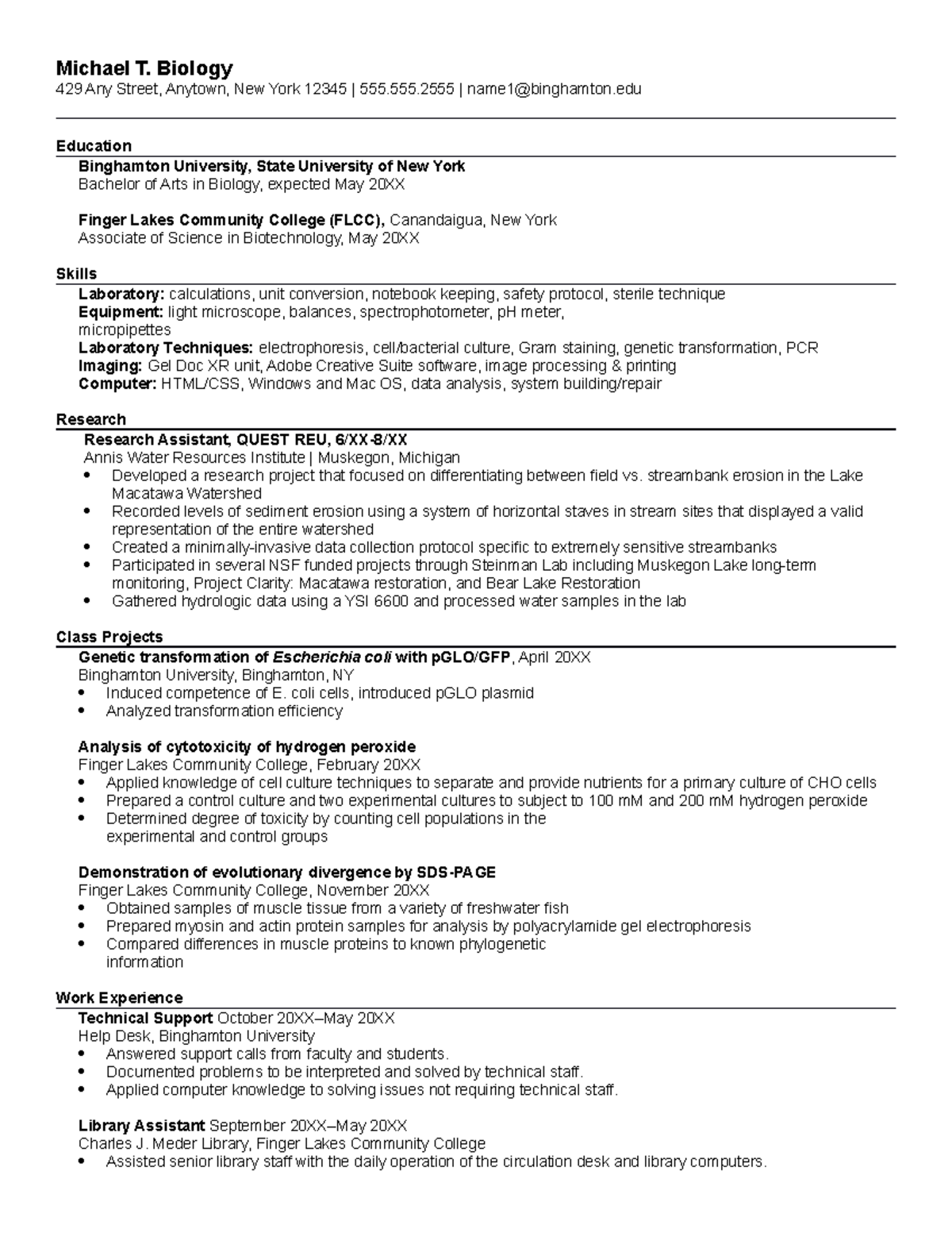 Binghamton Science Resume Template Michael T. Biology 429 Any Street