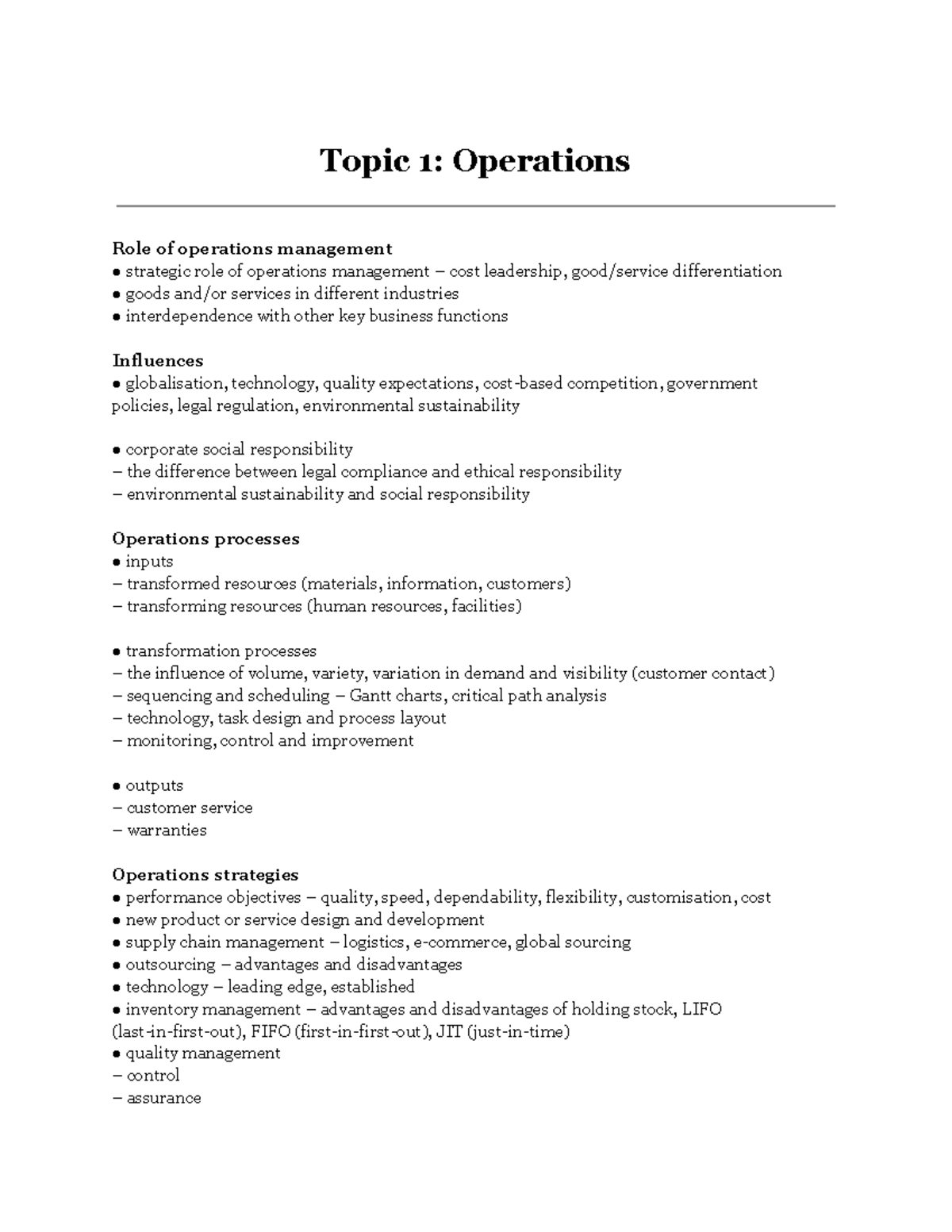 Topic 1 Operations notes - Topic 1: Operations Role of operations ...