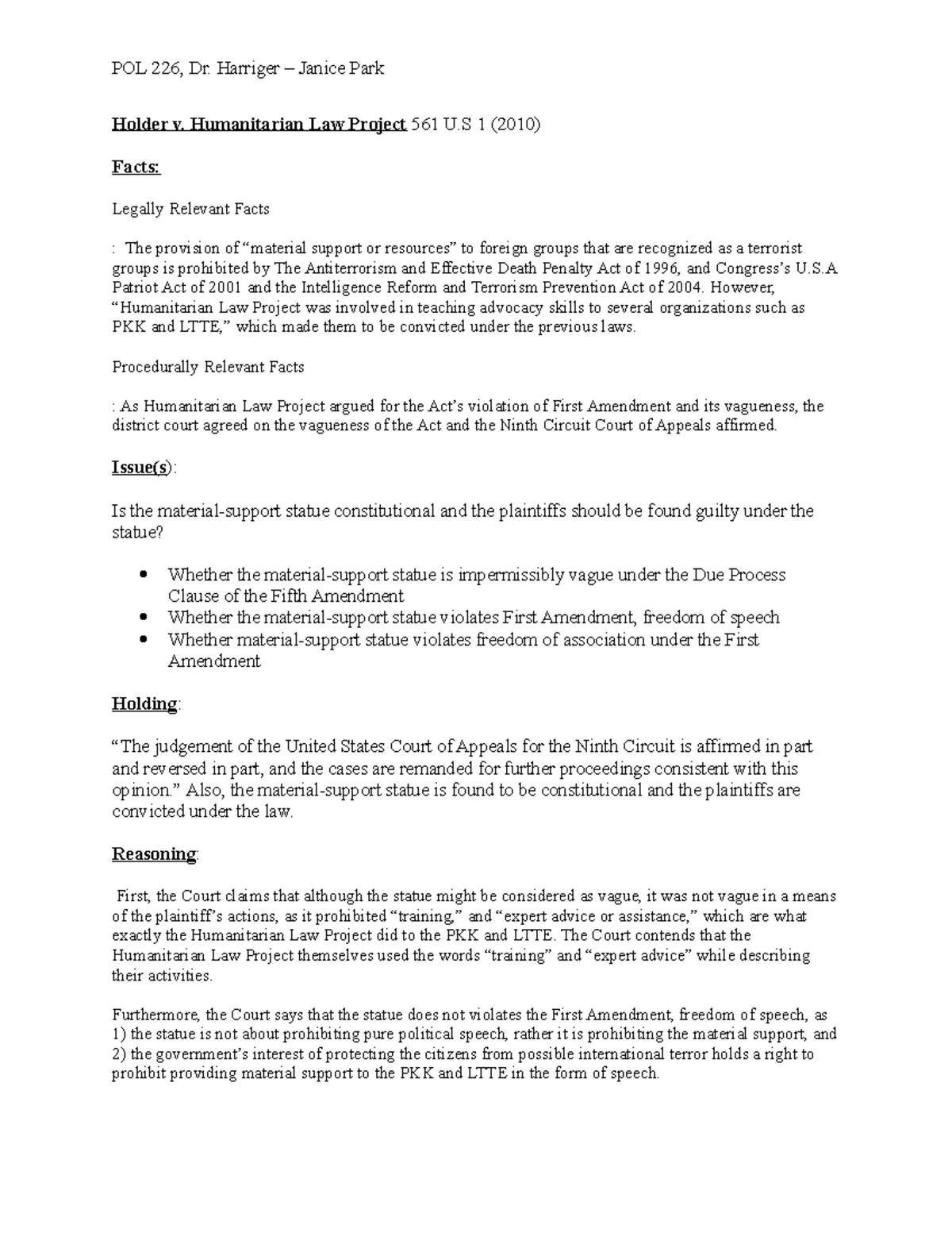 Case Brief 18 Holder v. Humanitarian Law Project POL 226, Dr