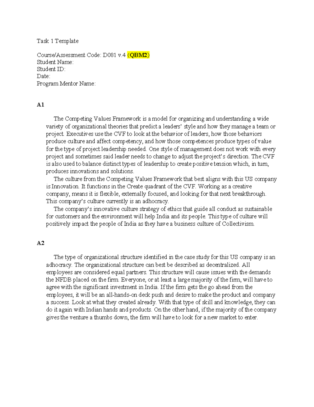 C714 Task 1 Pass Task 1 Template Course/Assessment Code: D081 v C714 Task 1 Pass Task 1 Template Course/Assessment Code: D081 v