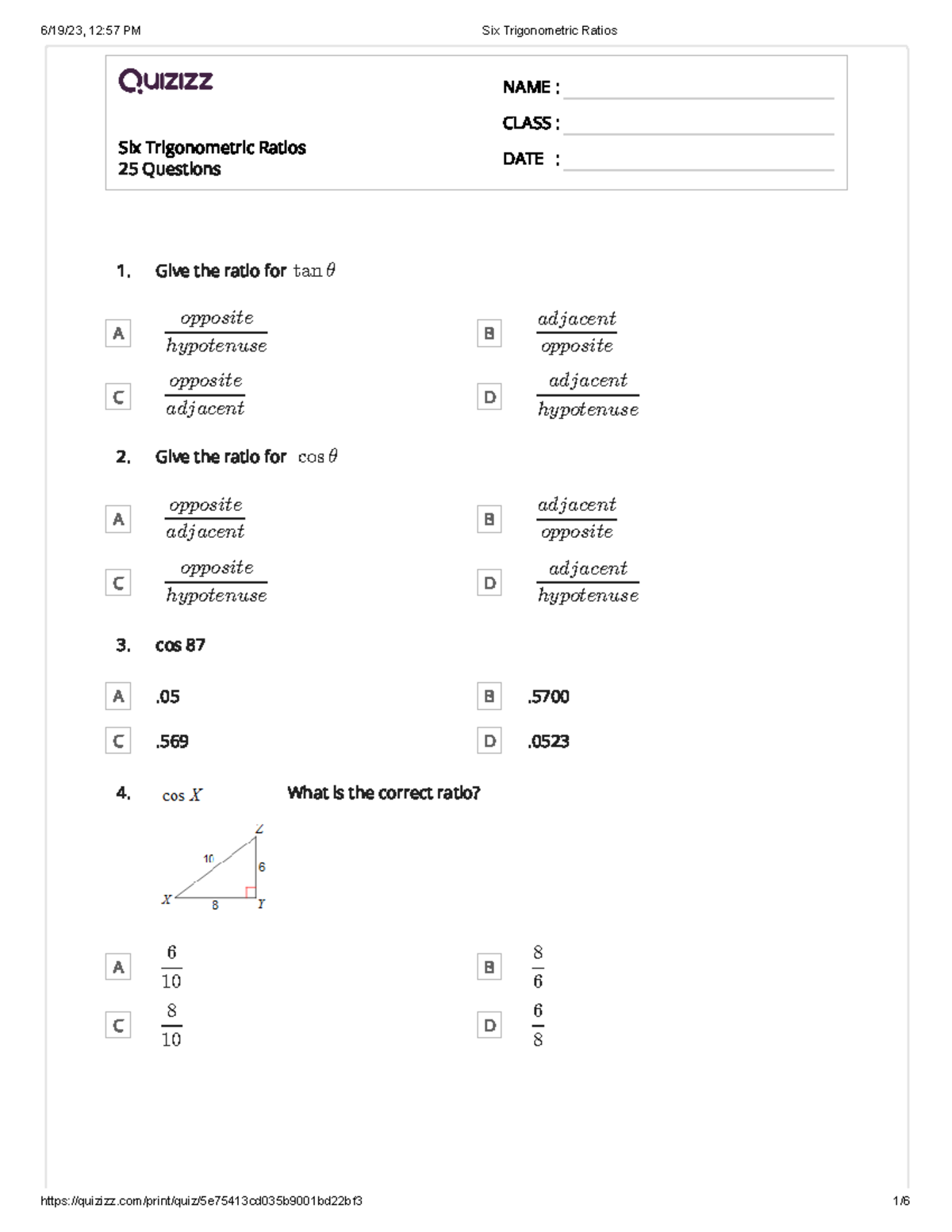 A.9.1Six Trigonometric Ratios - Six Trigonometric Ratios 25 Questions ...
