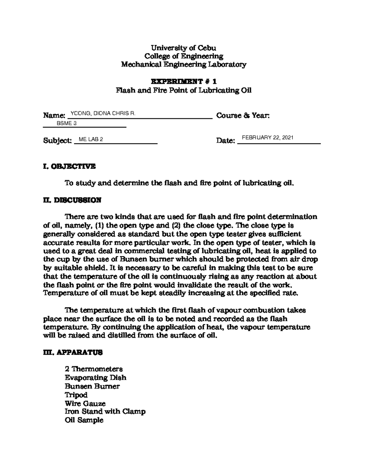 Laboratory Experiment Template Flash and Fire Point of Lubricating Oil ...
