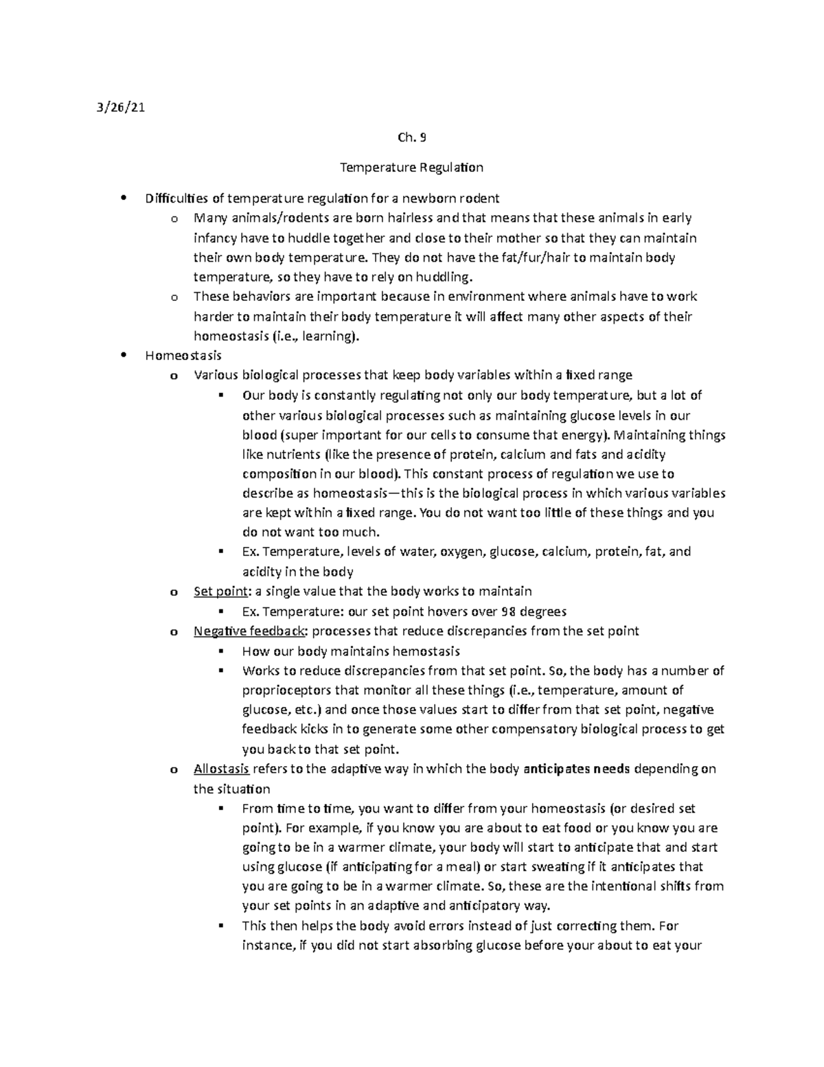 Biopsych Ch. 9 - Lecture Notes 2 - 3/26/ Ch. 9 Temperature Regulation ...